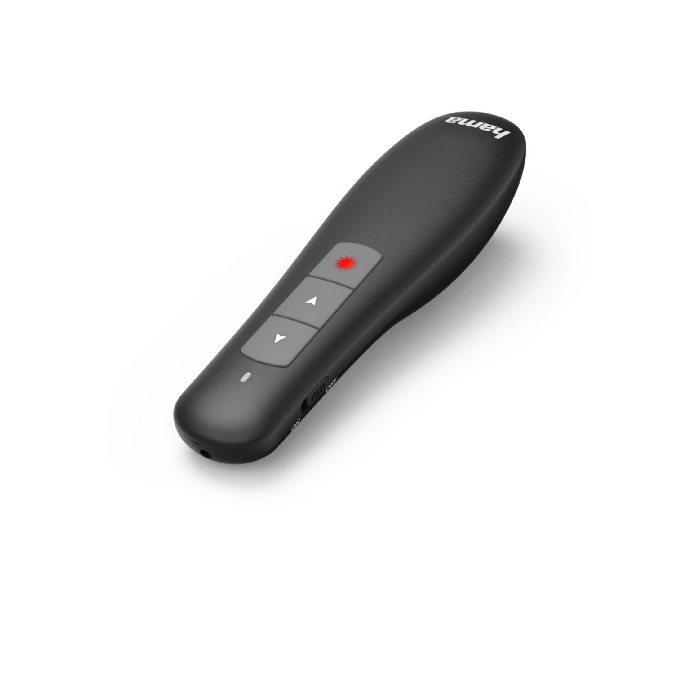 Eine schwarze Präsentationsfernbedienung mit drei Tasten und einem roten Laserpointer auf weißem Hintergrund.