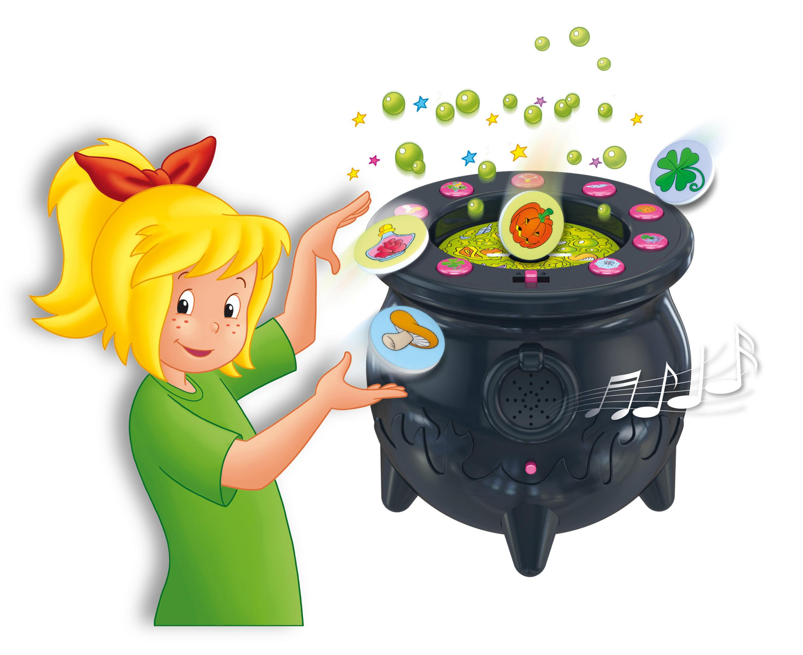 Dziewczyna z żółtymi włosami używa zabawkowego kotła z nutami.