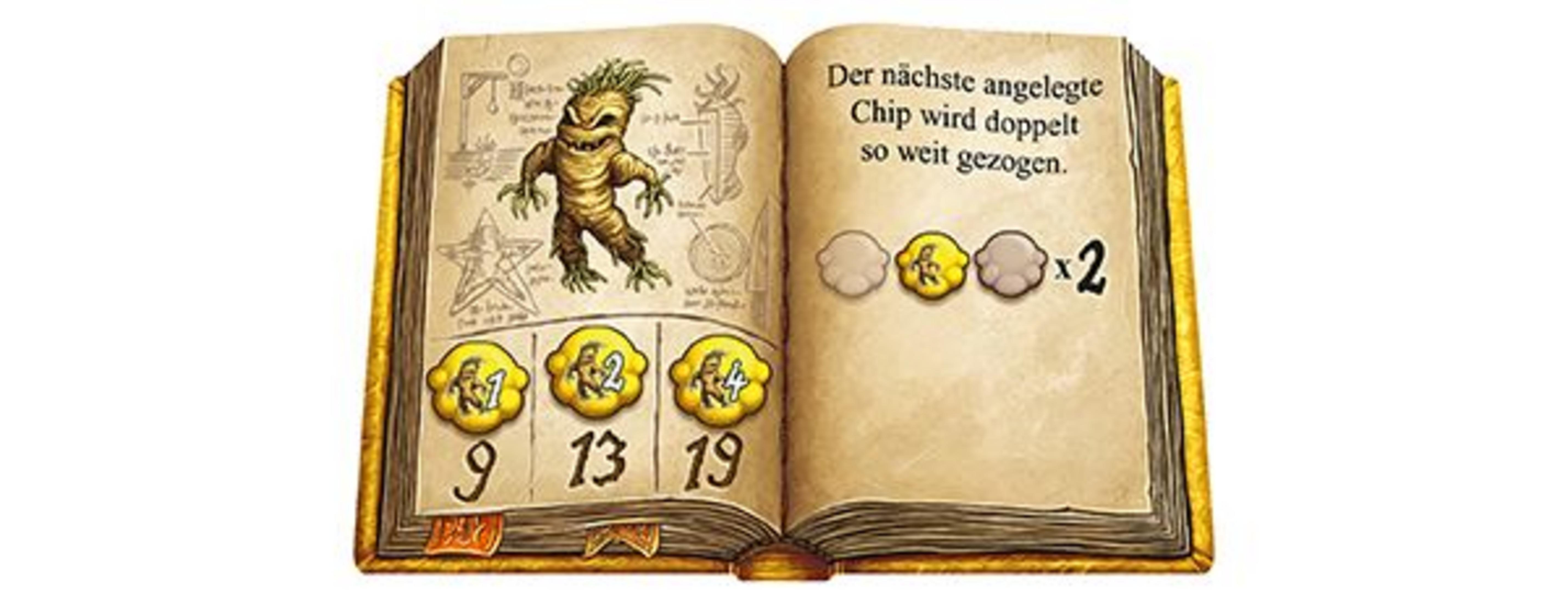 Offenes Buch mit Spielanweisungen. Goldmünzen und Zeichnung eines Monsters sind sichtbar.