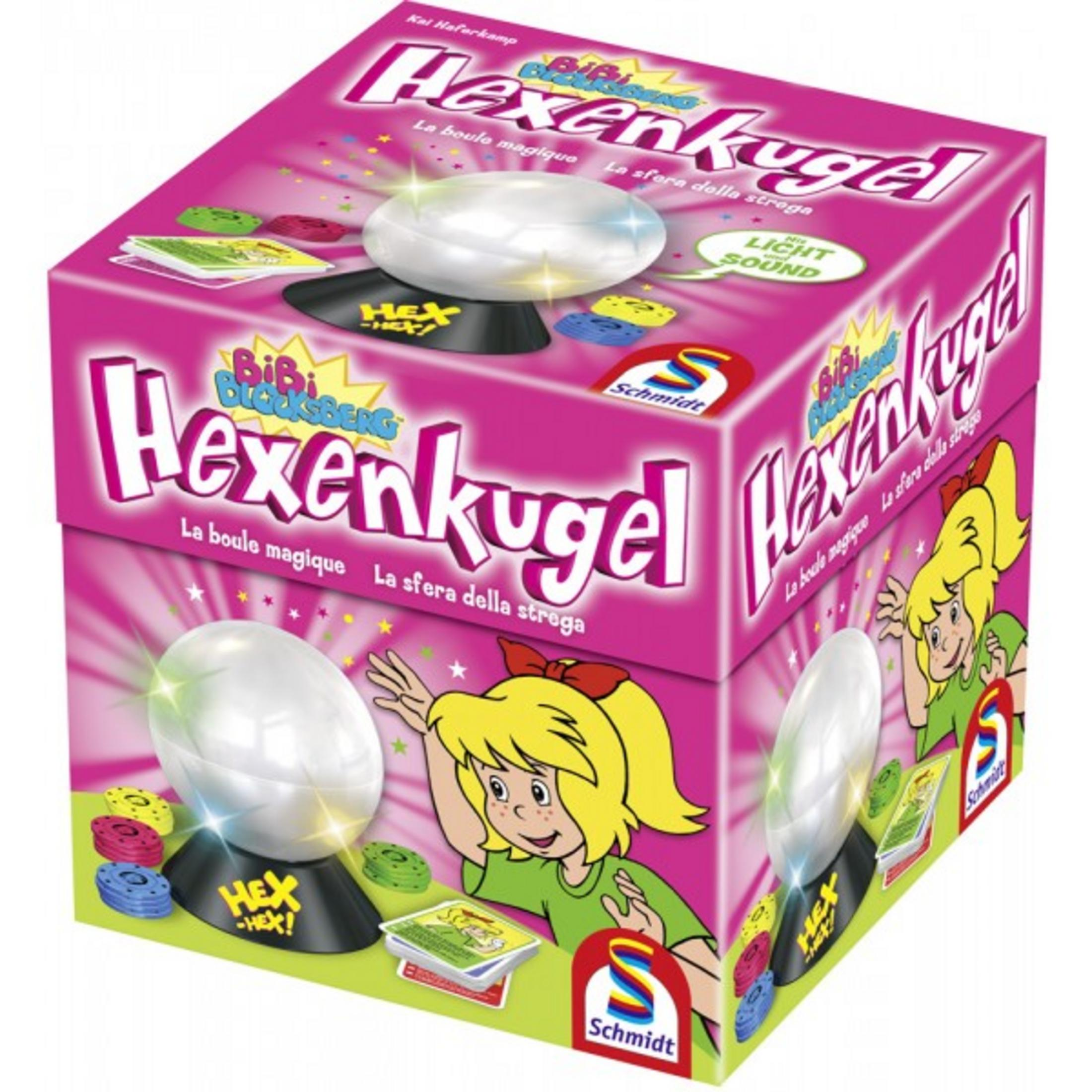 Eine rosa Spielbox mit Illustrationen eines Mädchens und einer Kristallkugel auf dem Deckel.