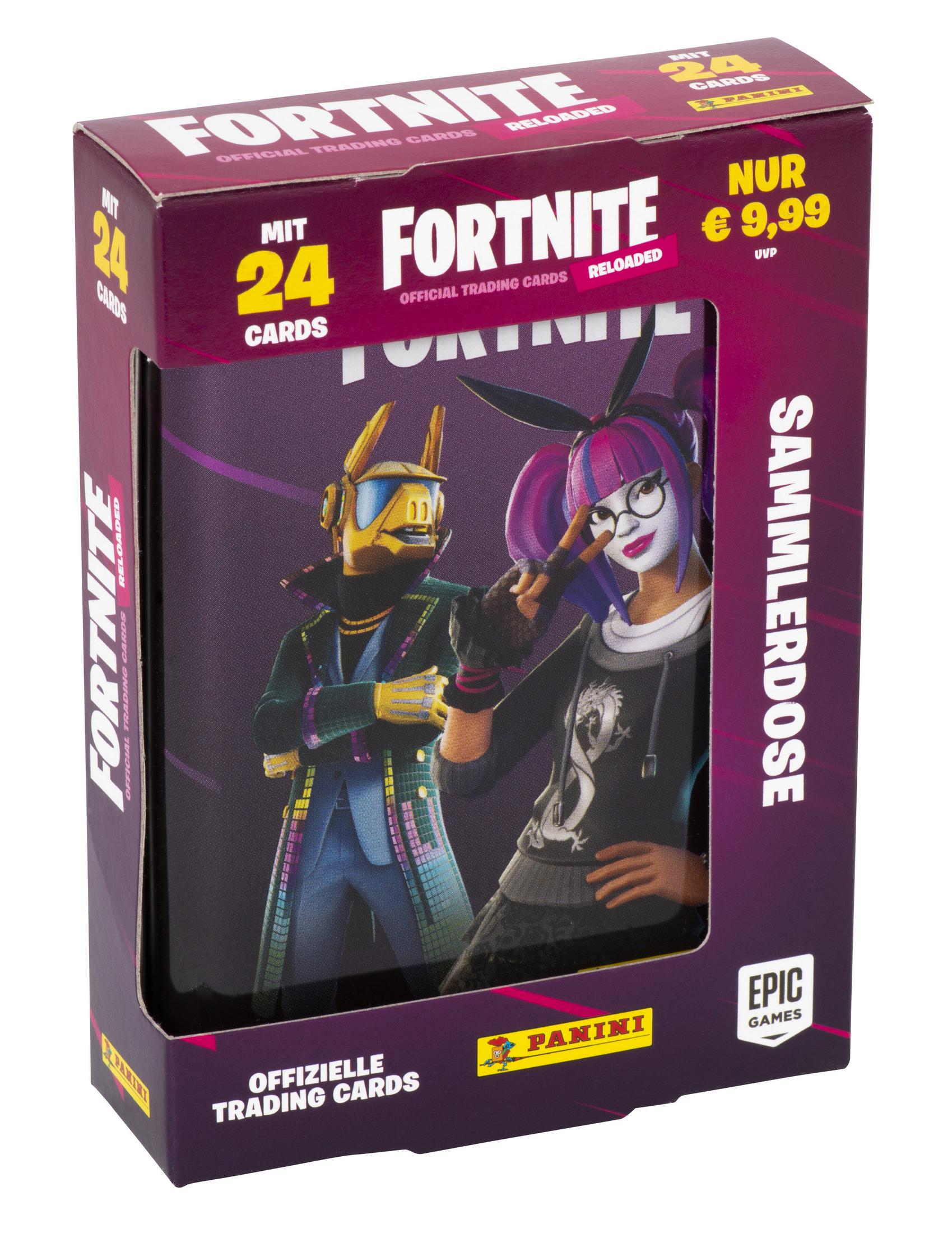 Eine Fortnite-Sammelkartenbox mit zwei Charakteren auf der Vorderseite.