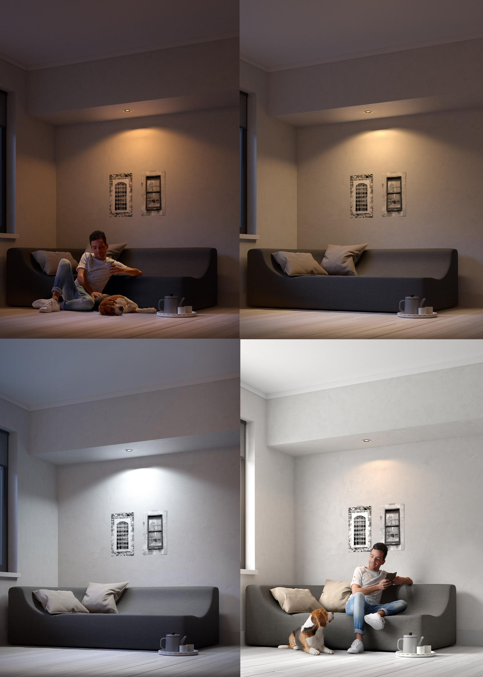 Quatre images montrant une pièce avec différents éclairages.