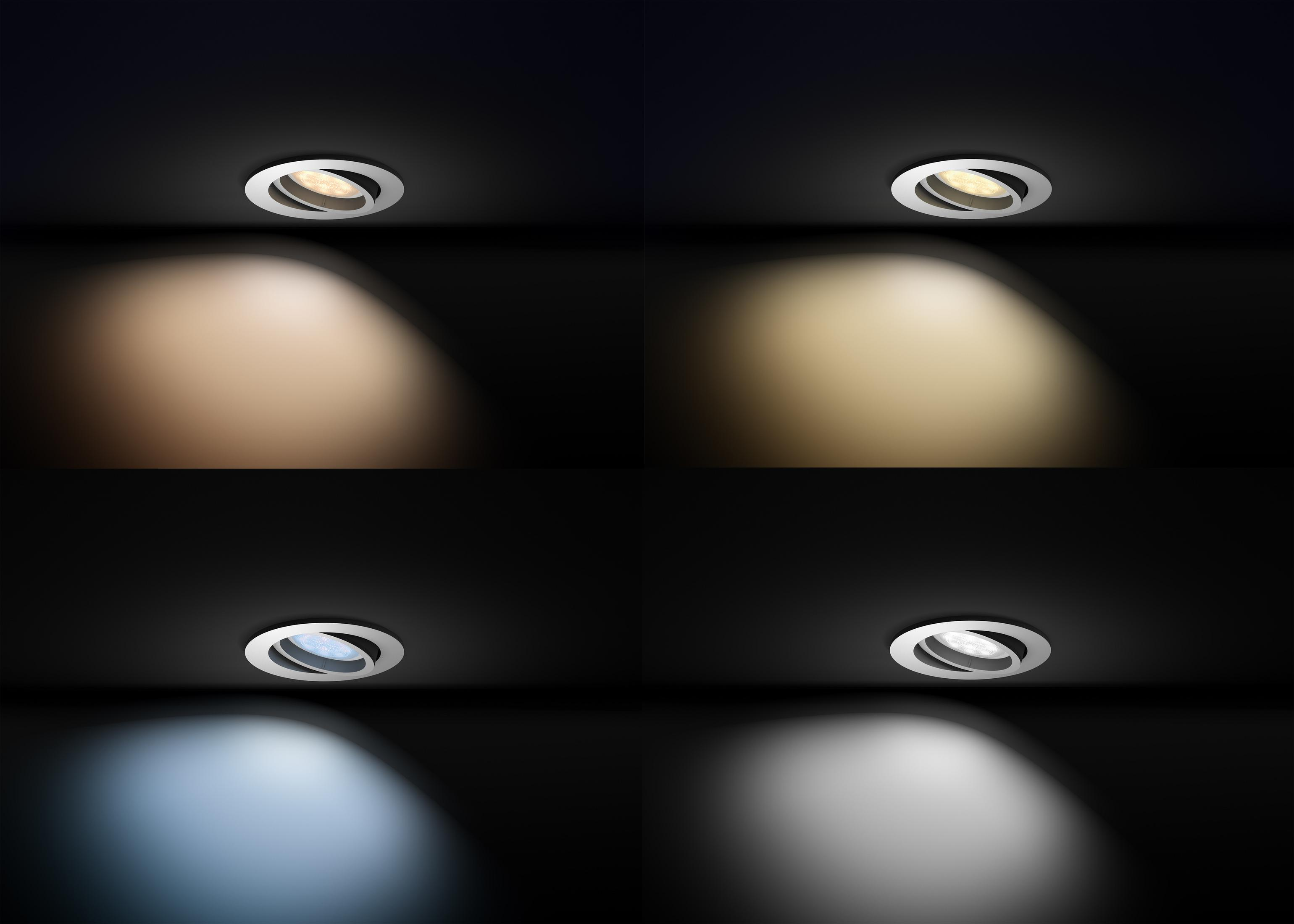 Un groupe de quatre encastrés avec différentes températures de couleur, sur fond sombre.