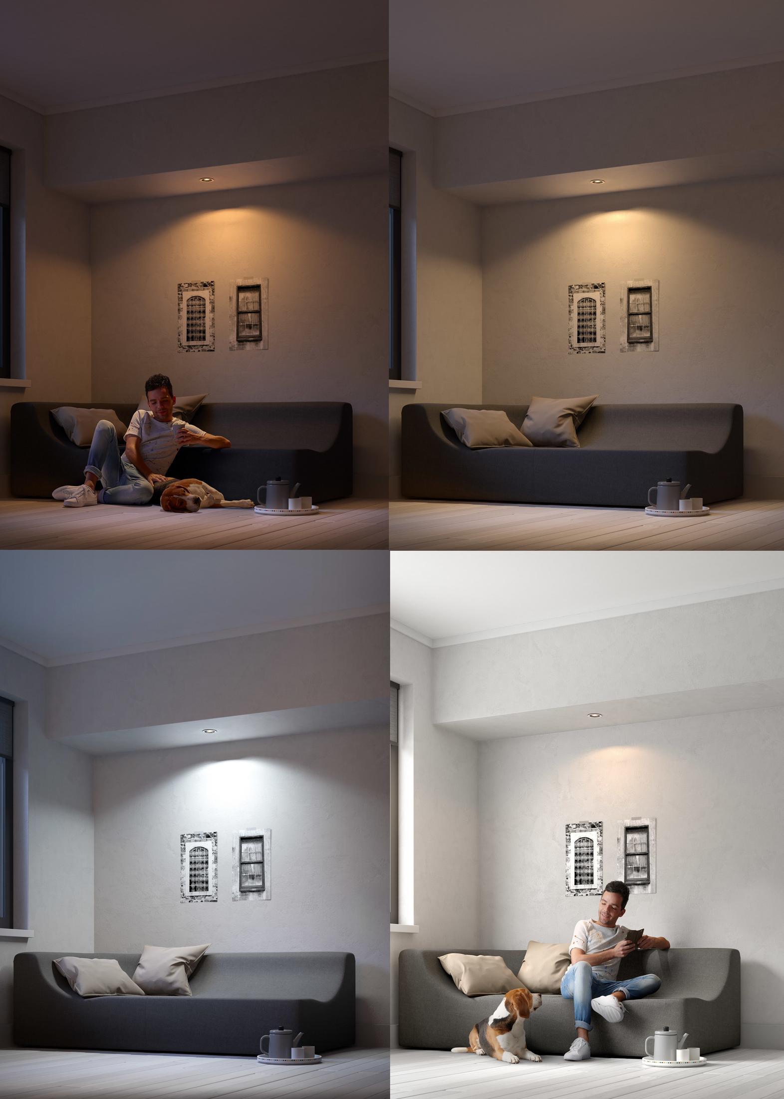 Quattro immagini di un uomo su un divano con diverse impostazioni di illuminazione. Presenti anche un cane, una lampada e un tavolo.