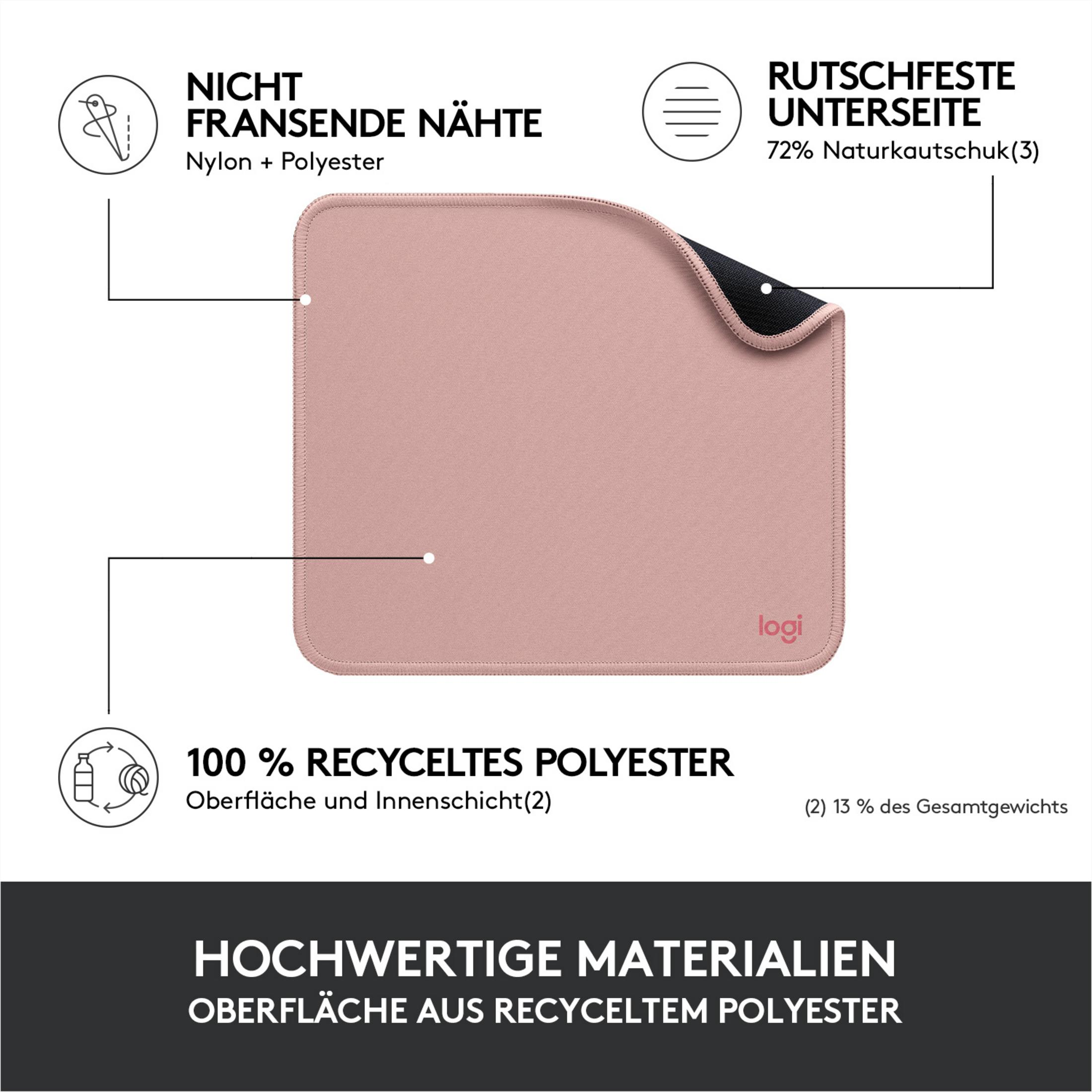 Różowa podkładka pod mysz z białym logo i tekstem wskazującym na nie strzępiące się krawędzie i antypoślizgowy spód.