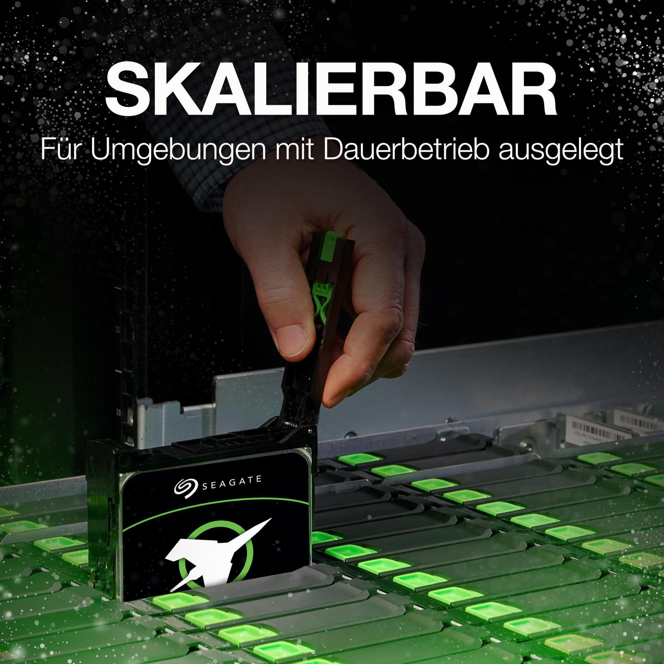 A hand inserts a storage device into a server. The device has a Seagate logo.
