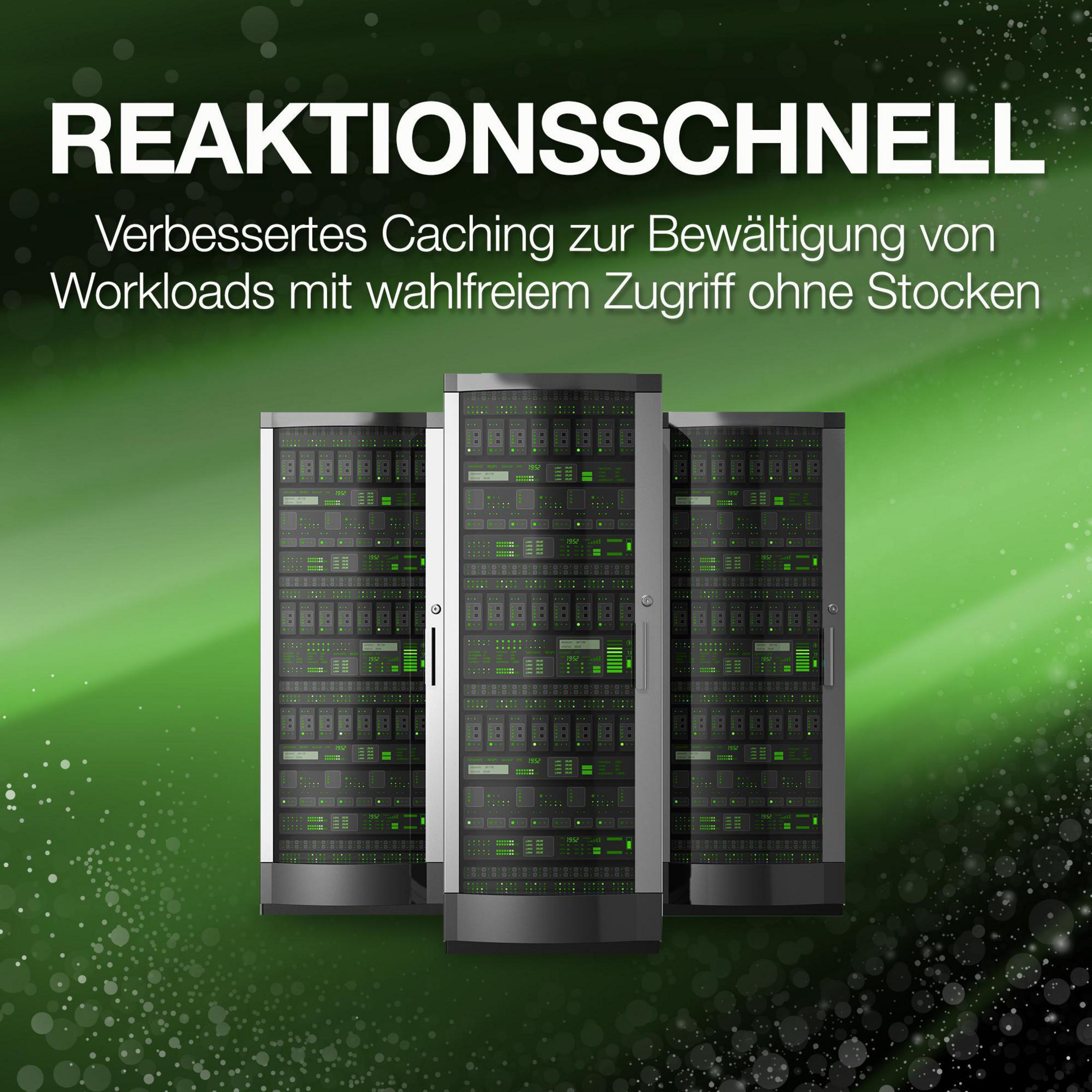 Three server racks with green lighting, against a green background. Text at the top says Reaktionsschnell.