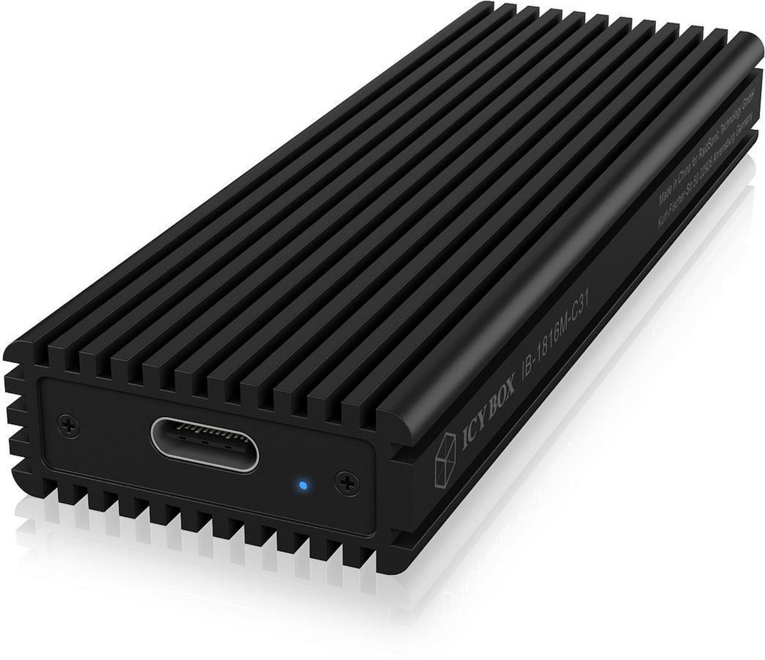 Schwarze ICYBOX externe SSD mit geripptem Design und USB-C-Anschluss.