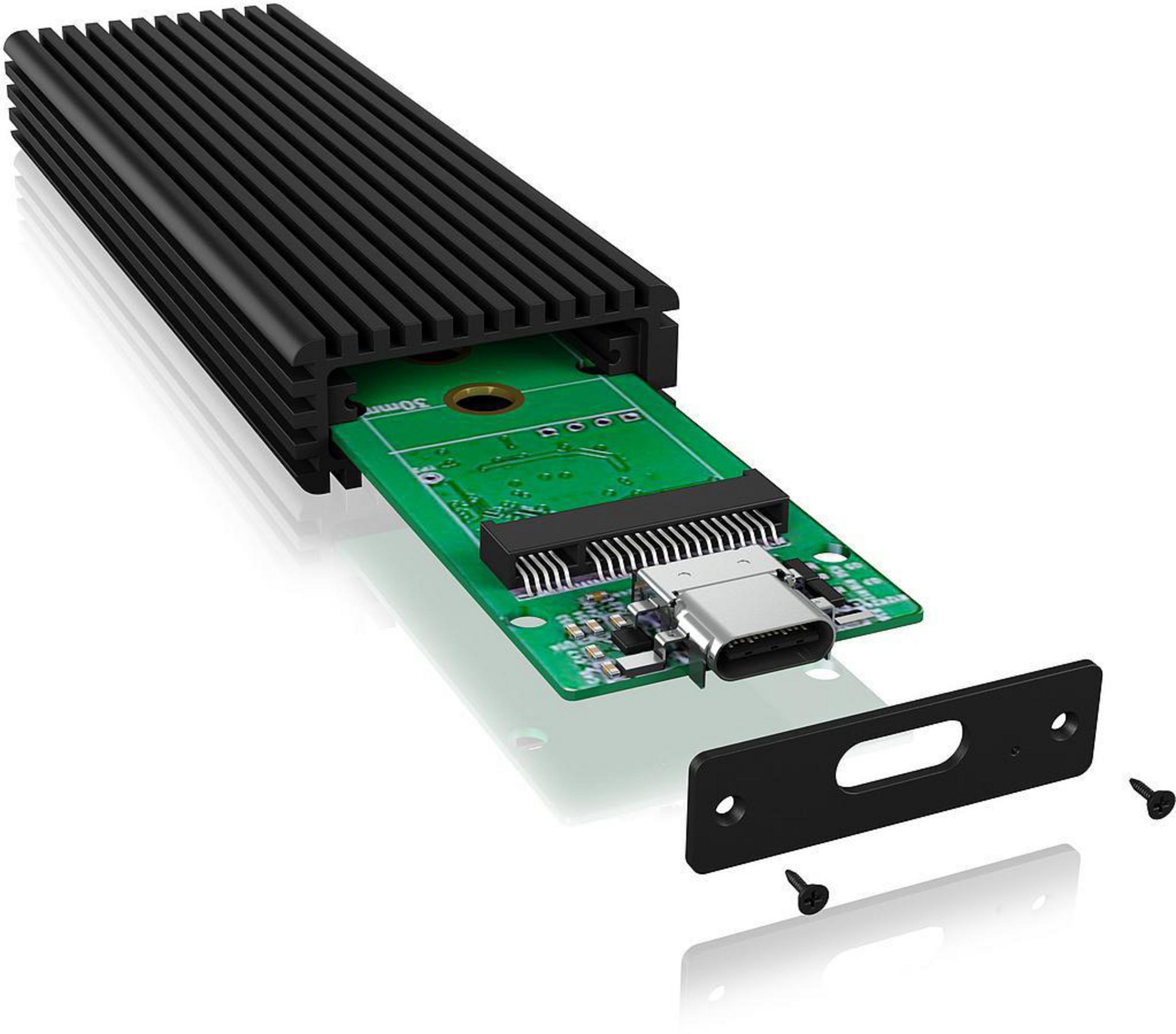 Zerlegtes M.2 SSD-Gehäuse mit grüner Platine.