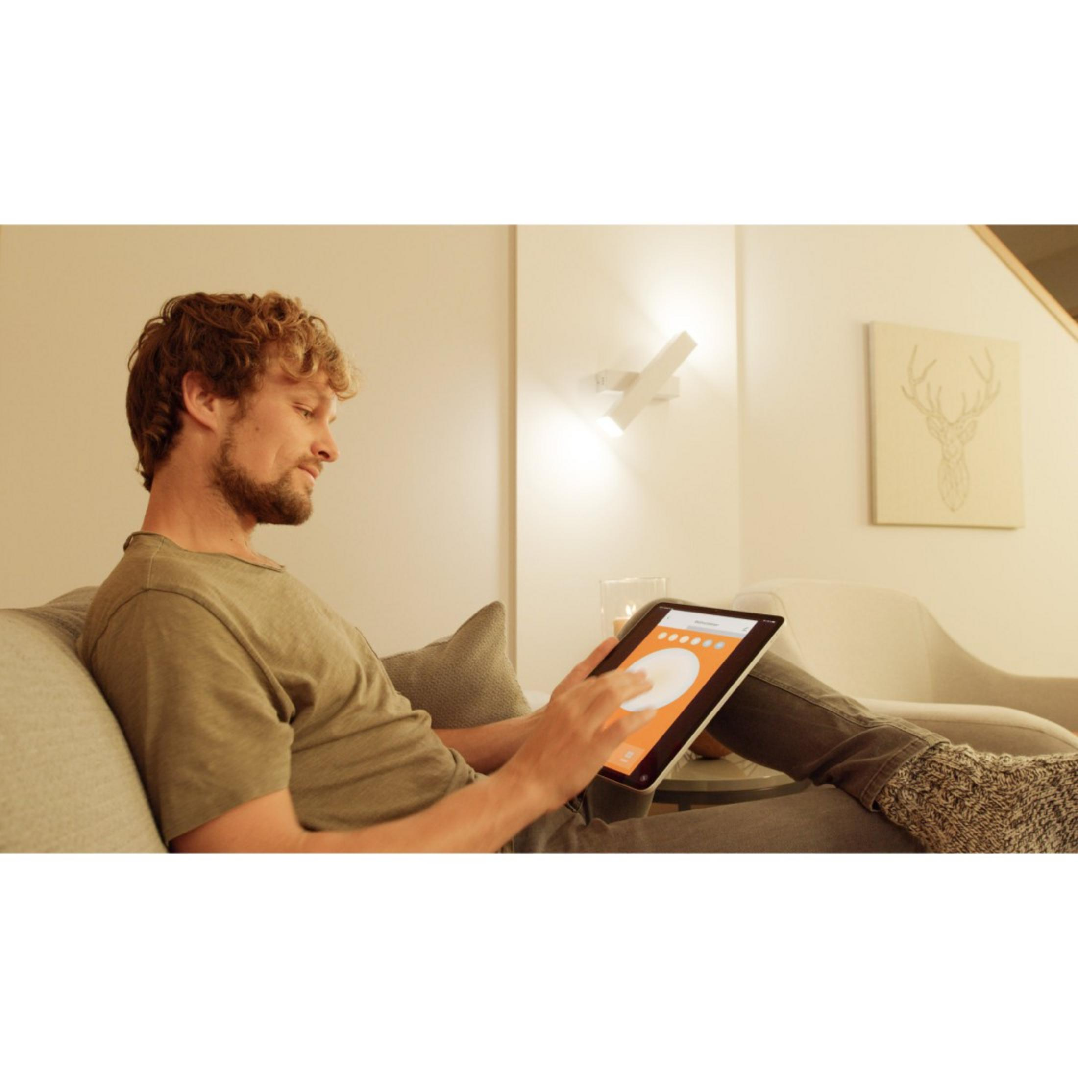 Ein Mann benutzt ein Tablet, um eine an der Wand montierte Leuchte zu steuern, mit einem Hirschkunstwerk in der Nähe.