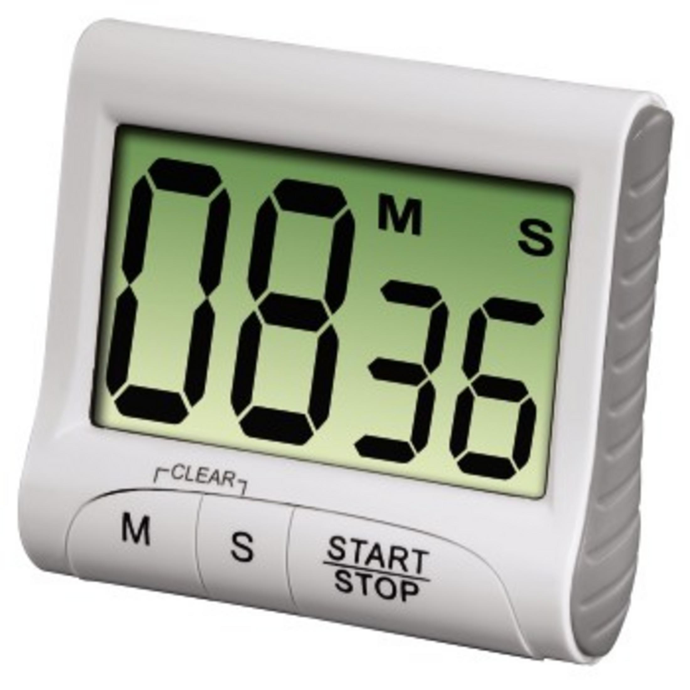 Weißer digitaler Küchentimer mit grünem Display. Zeigt 08:36. Tasten für Minuten, Sekunden und Start/Stopp.
