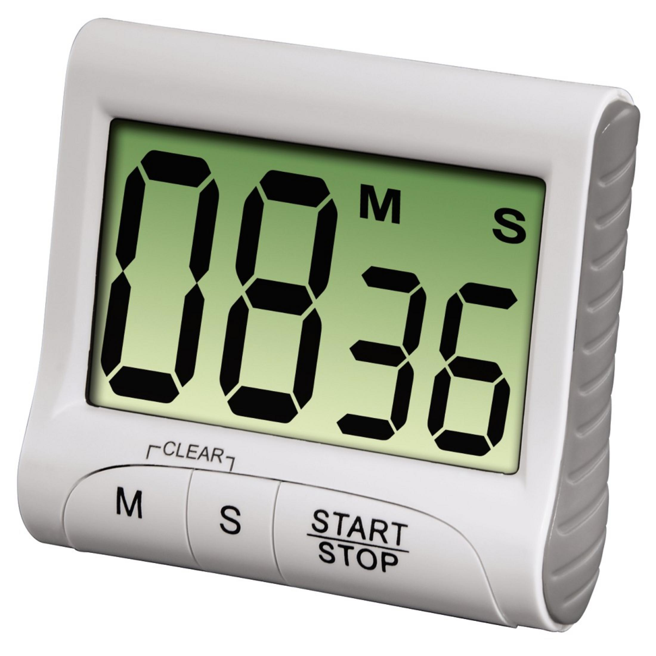 Ein weißer digitaler Küchentimer zeigt 08:36 an. Tasten sind M, S und Start/Stopp. Grünes Display.