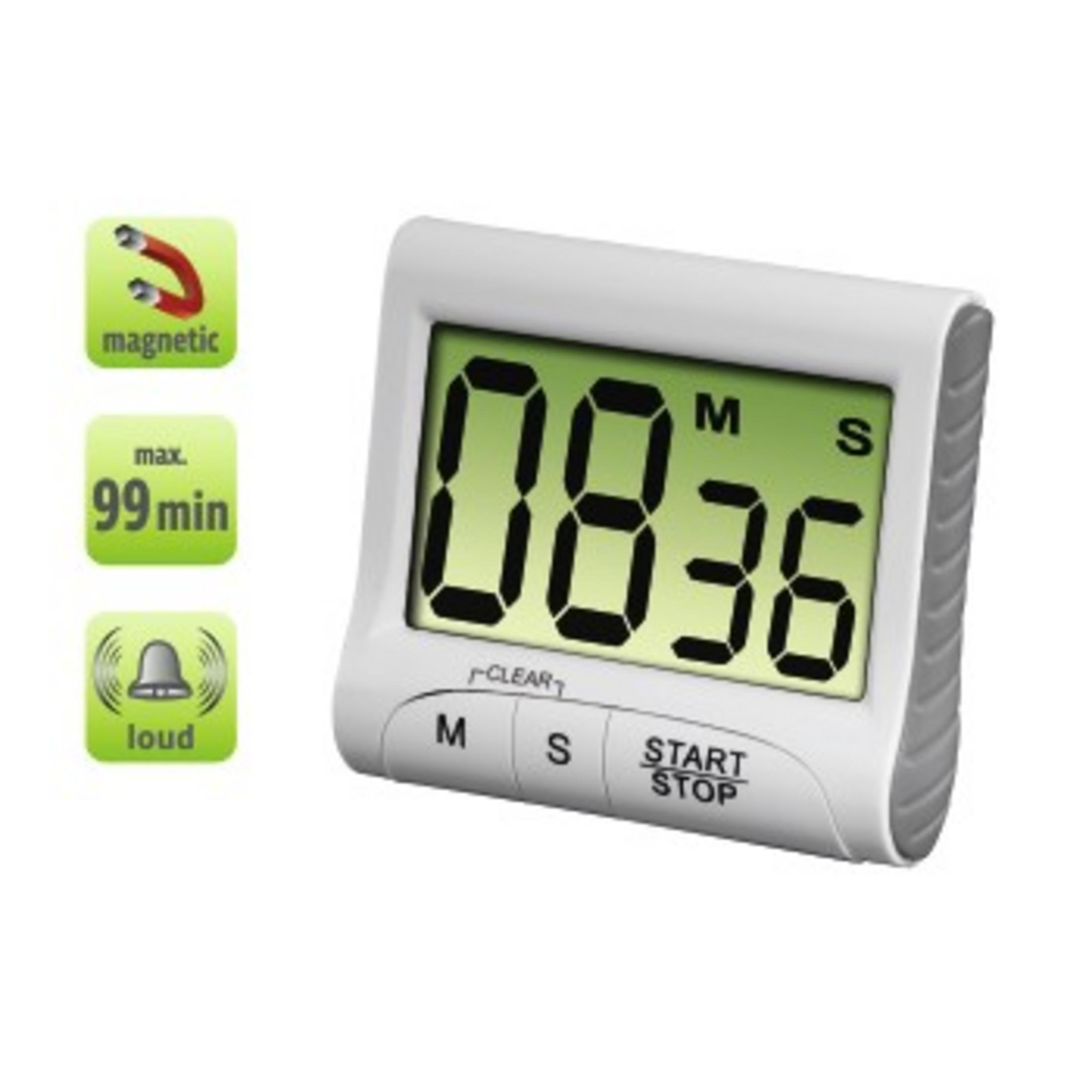 Weißer Timer mit grüner Anzeige '08:36' und Symbolen für magnetisch und laut.
