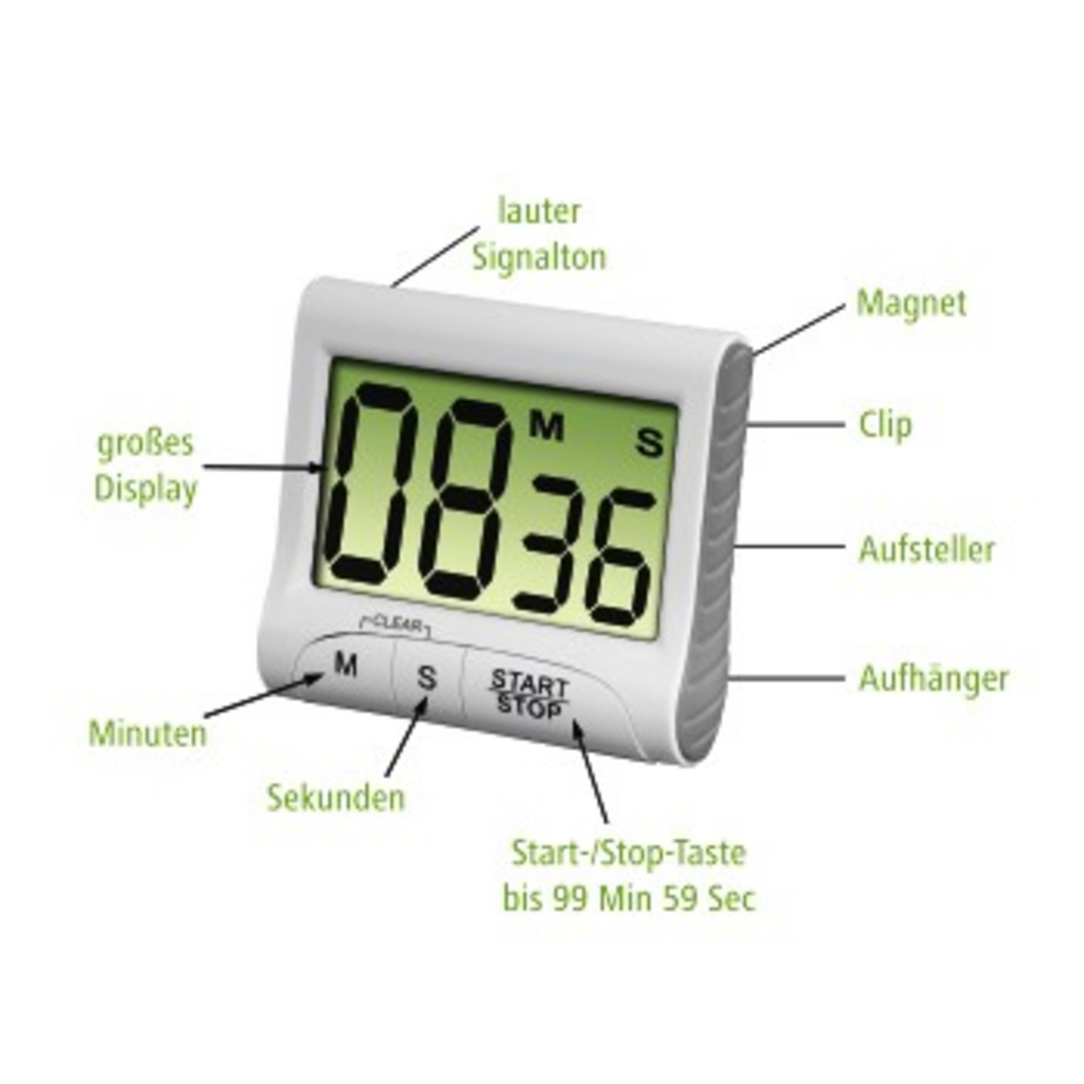Weißer digitaler Timer mit grüner Anzeige (08:36). Beschriftung auf Deutsch. Mit Knöpfen und Clip.