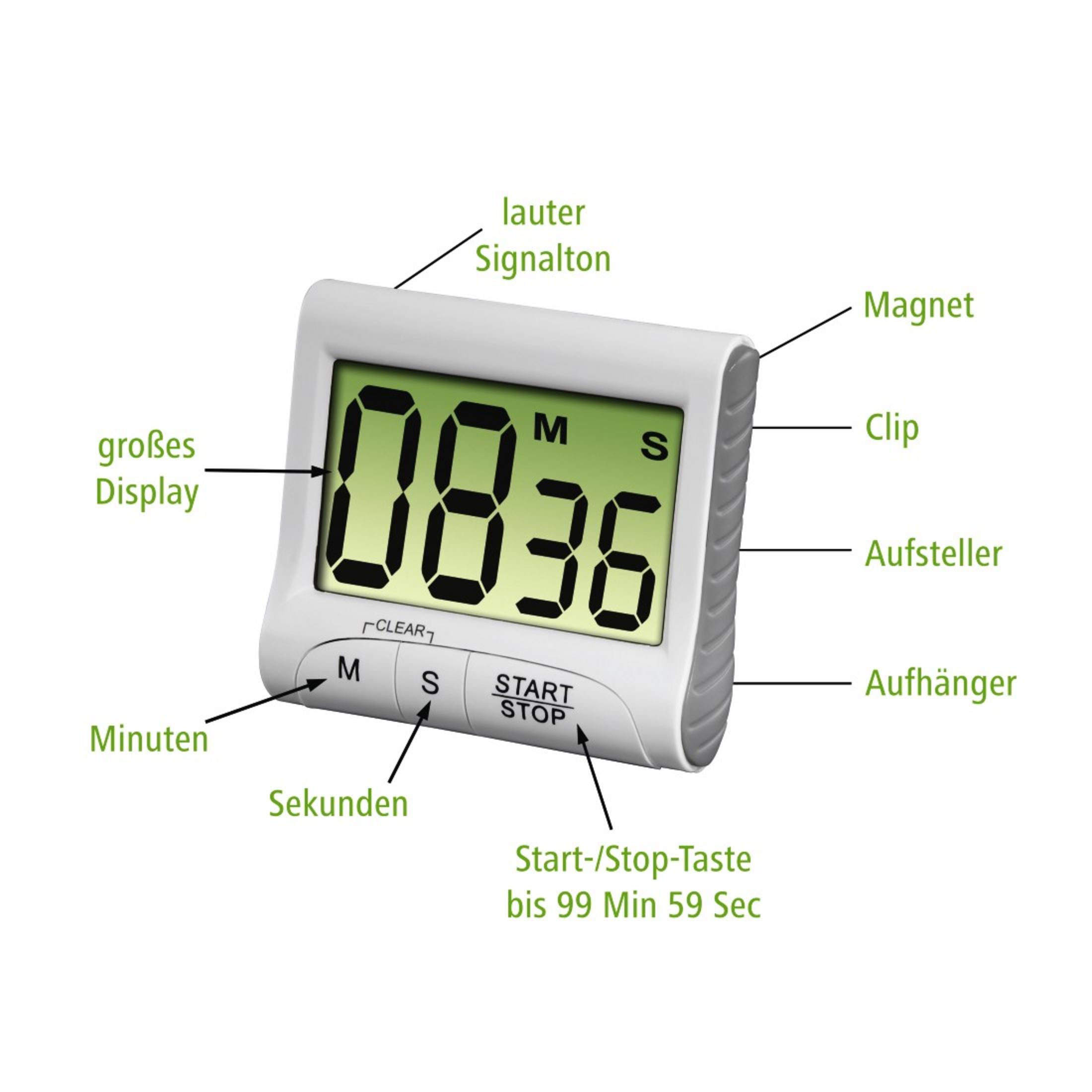 Digitaler Küchentimer mit Beschriftungen. Anzeige zeigt 08:36. Knöpfe und Clip sichtbar.