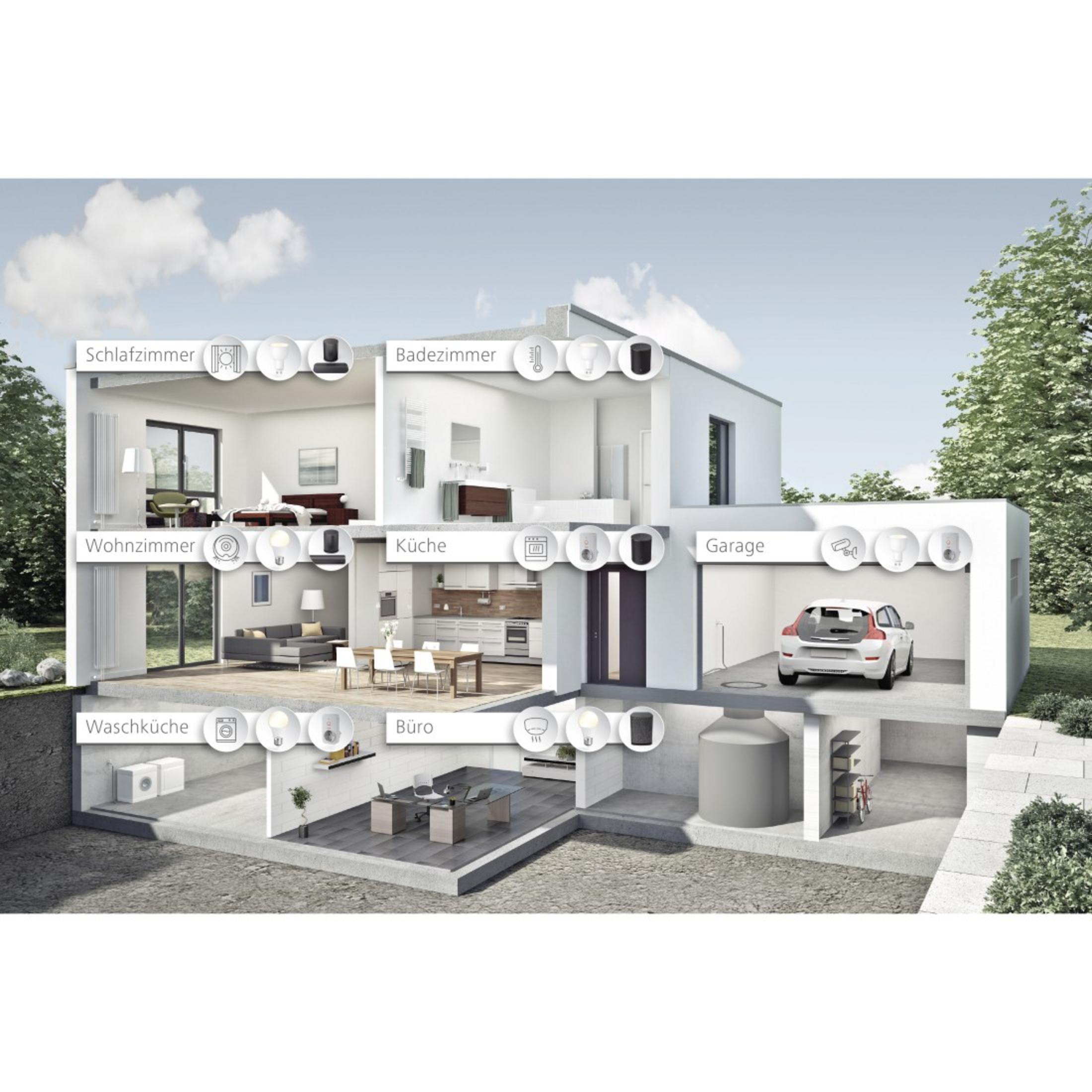 Una casa cortada mostrando habitaciones, muebles, iluminación y una configuración de hogar inteligente.