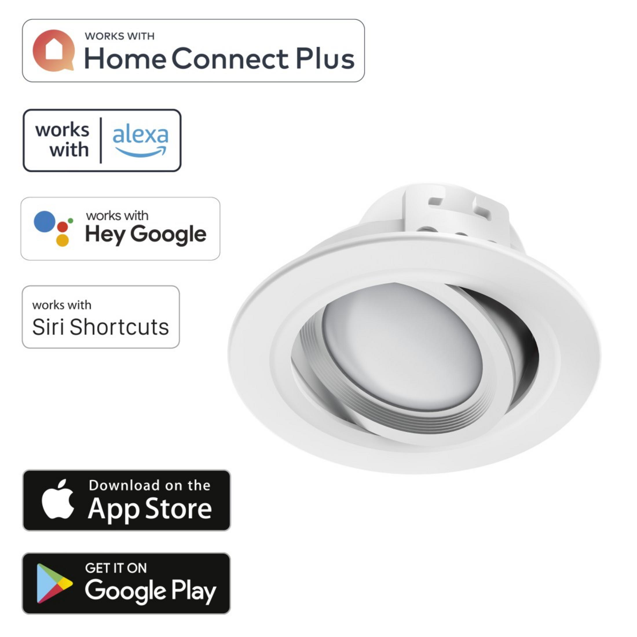 Apparecchio di illuminazione per la casa intelligente bianco con diverse icone che indicano la compatibilità con varie piattaforme.