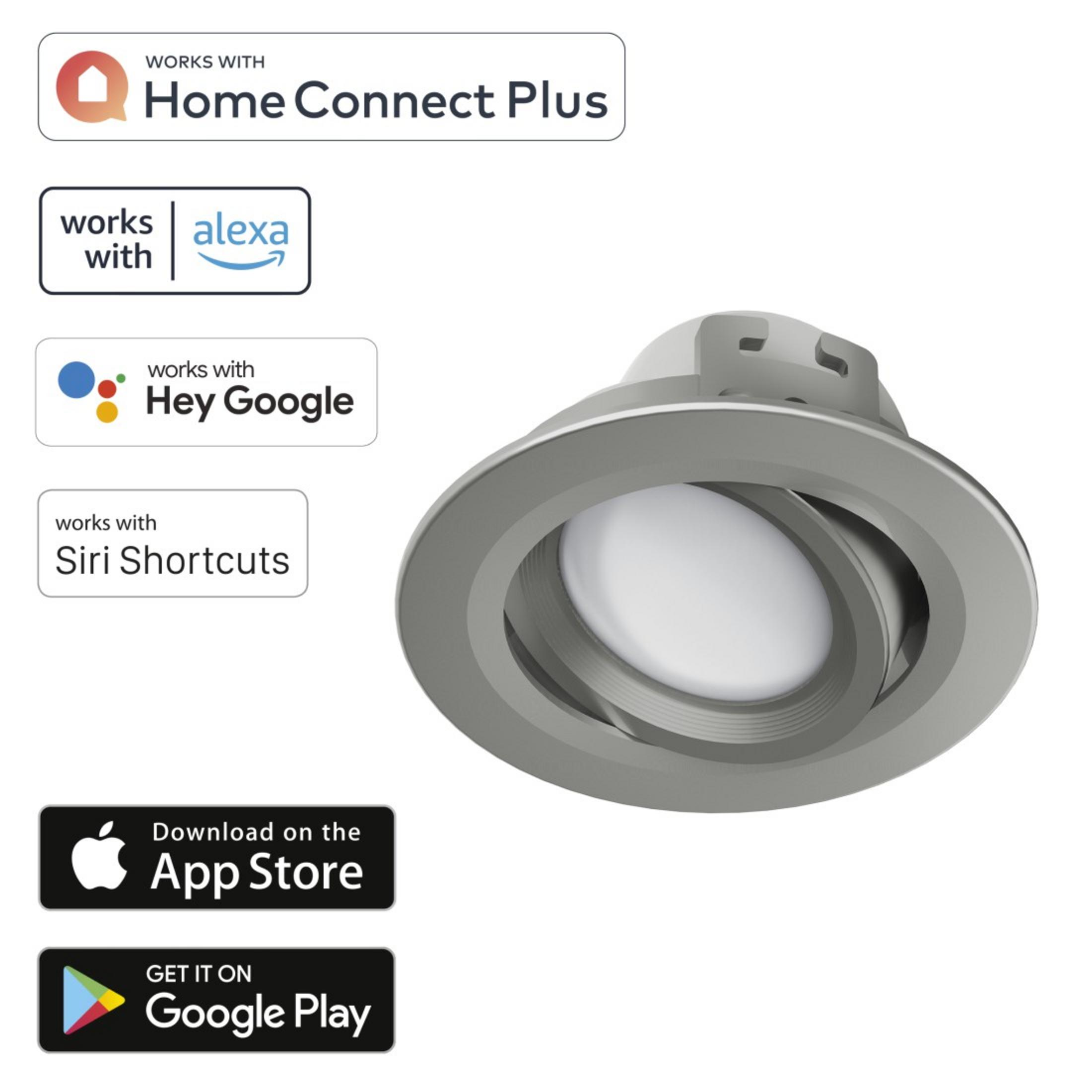 Un apparecchio di illuminazione ad incasso grigio con i loghi Home Connect Plus e App Store.
