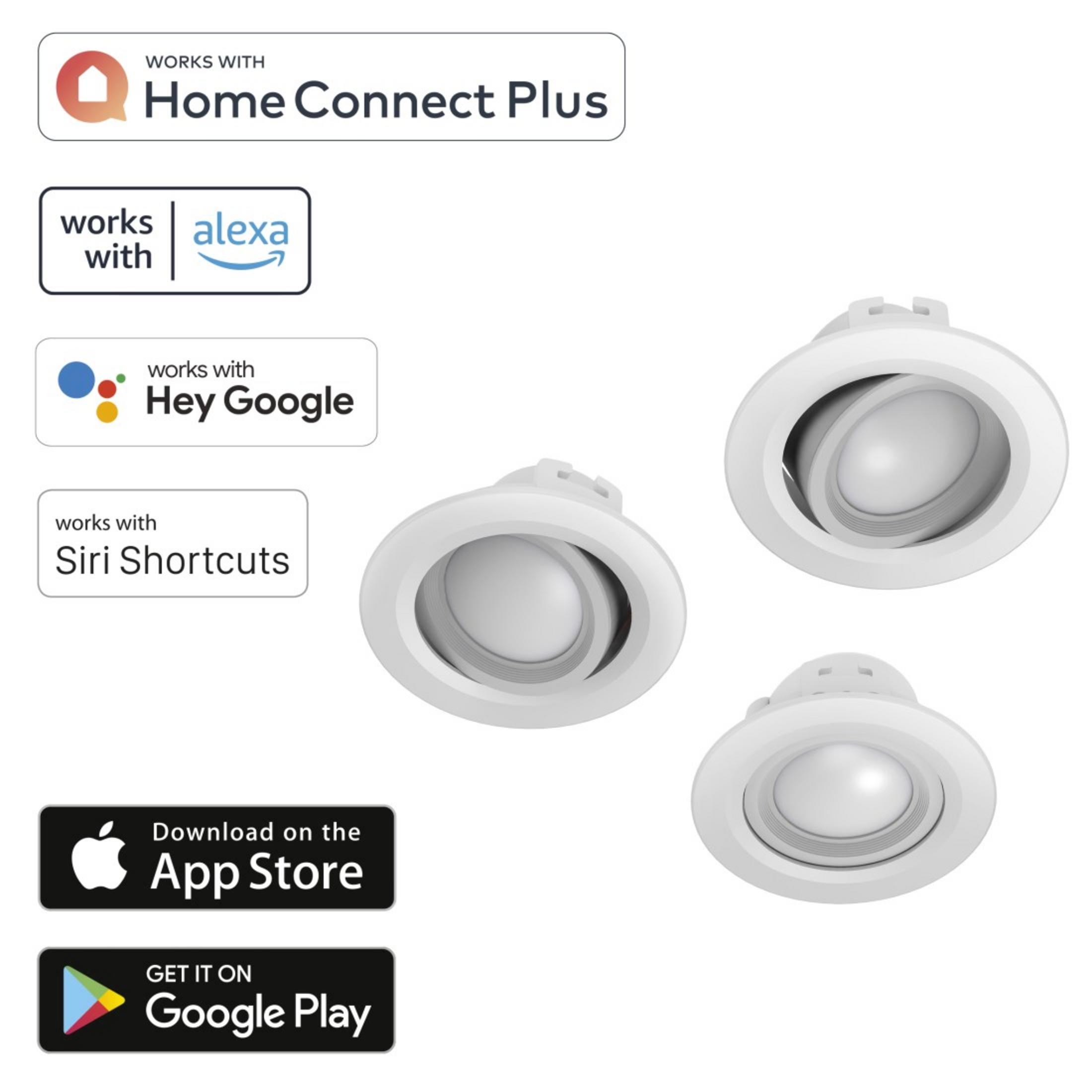 Tre faretti bianchi a incasso con lente centrale e loghi di compatibilità smart home.