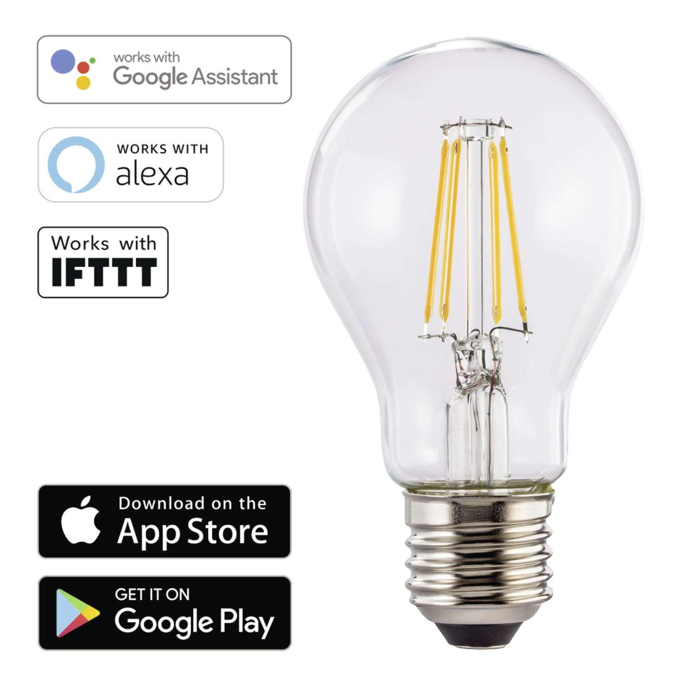 Una bombilla transparente con filamentos visibles, acompañada de logotipos de integración de aplicaciones y hogar inteligente.