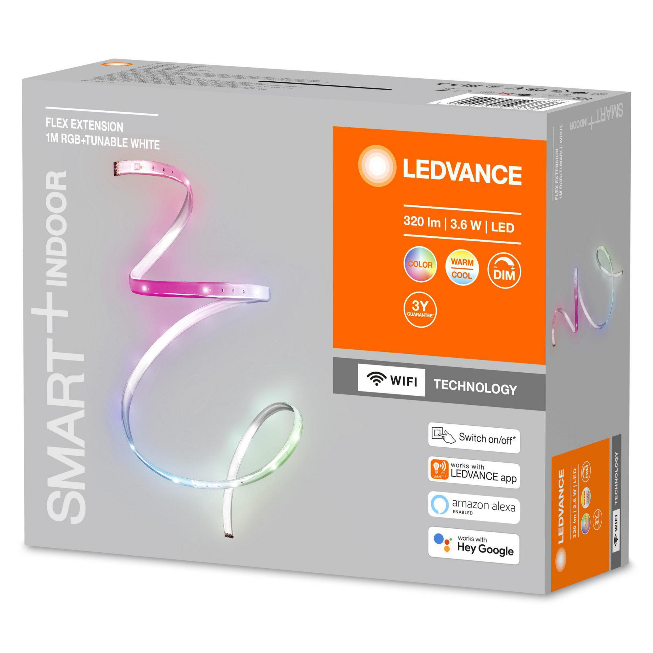 Pudełko produktu do inteligentnej taśmy LED, z kolorami i logo Ledvance, do użytku w pomieszczeniach.