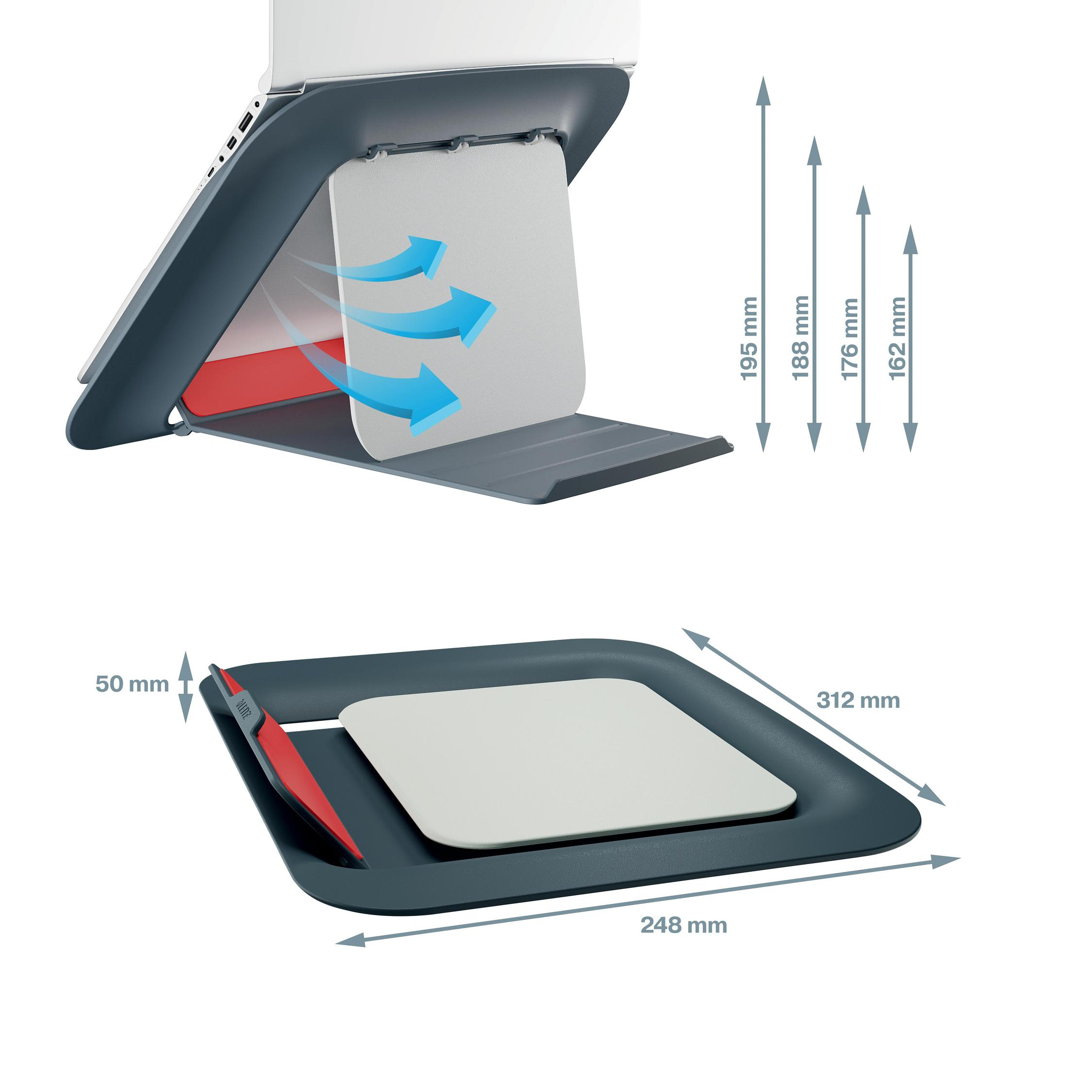 Laptopständer, dunkelgrau, mit Abmessungen und Luftstrompfeilen. Roter Akzent. Weißer Hintergrund.