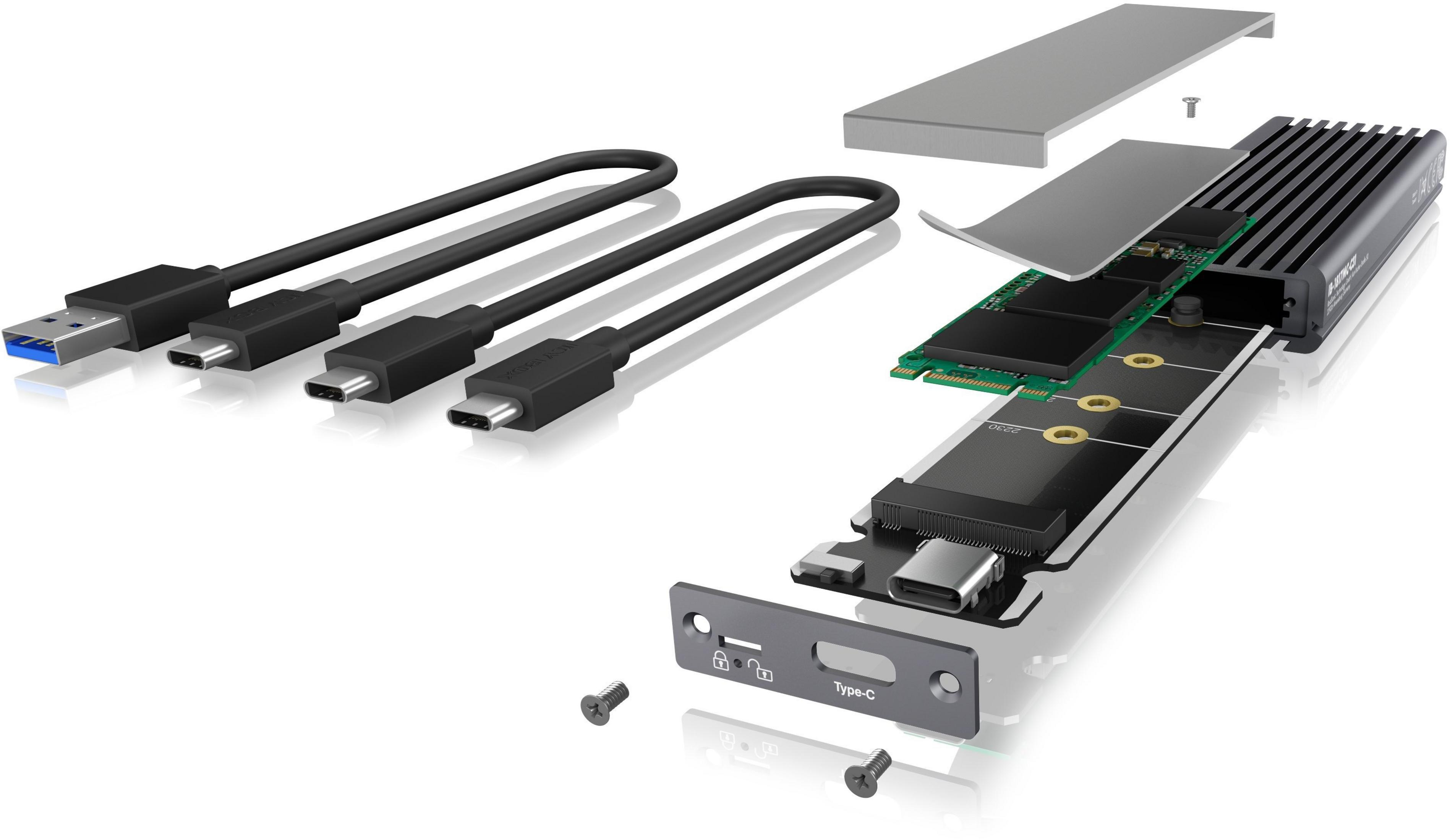 Explosionszeichnung eines externen SSD-Gehäuses, einschließlich Kabel, Schrauben und interner Komponenten.