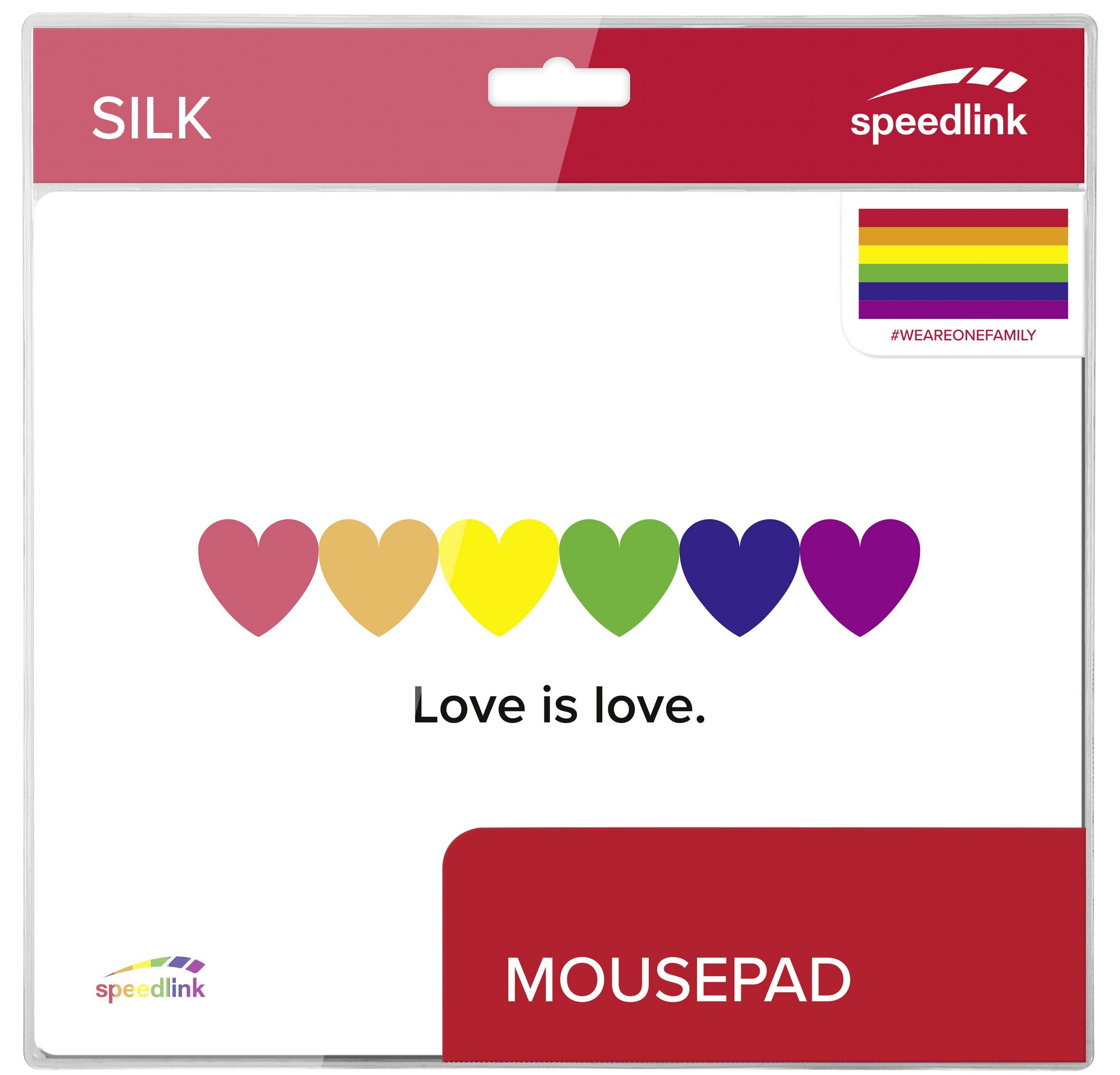 Ein Mauspad mit einem Regenbogen aus Herzen und den Worten 'Love is love'.
