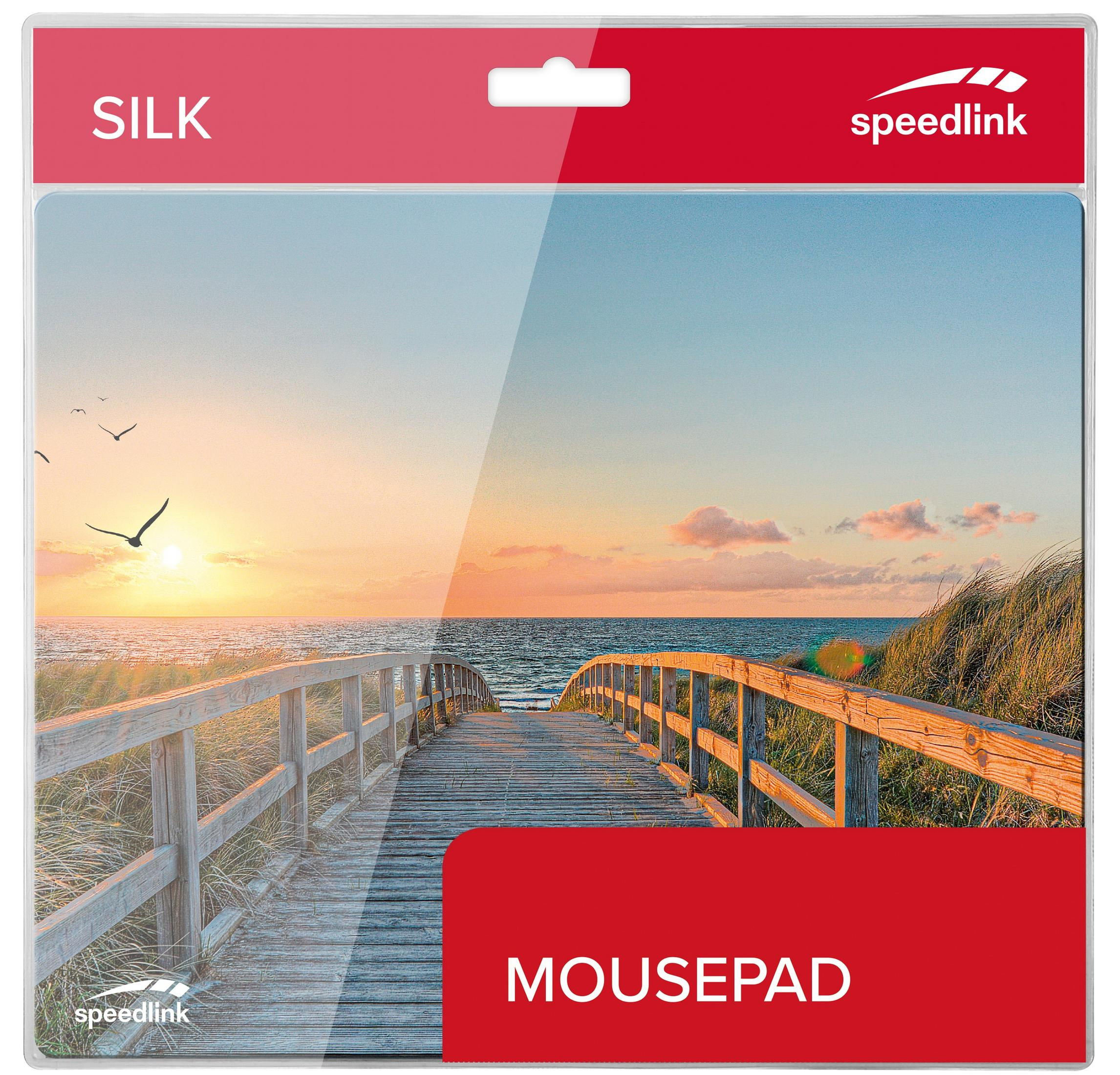 Mauspad mit Sonnenuntergang. Holzsteg, Ozean, Sonnenuntergangsfarben, fliegende Vögel.