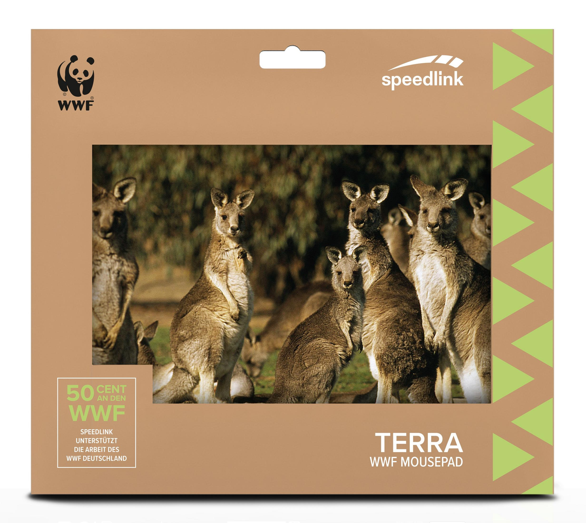Ein Mousepad mit Kängurus, mit WWF- und Speedlink-Logos.