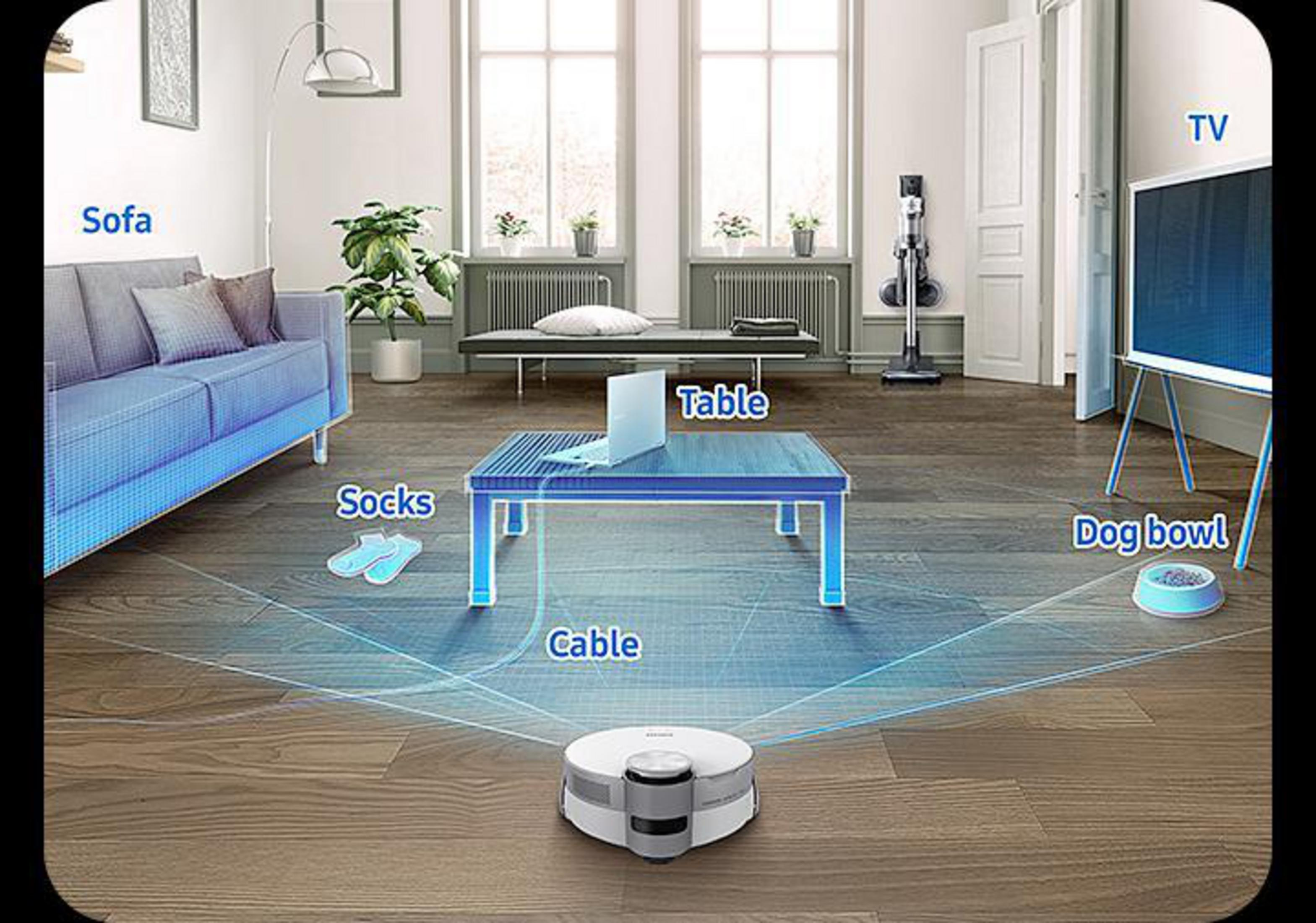Robot sprzątający czyszczący podłogę z twardego drewna w salonie z meblami.