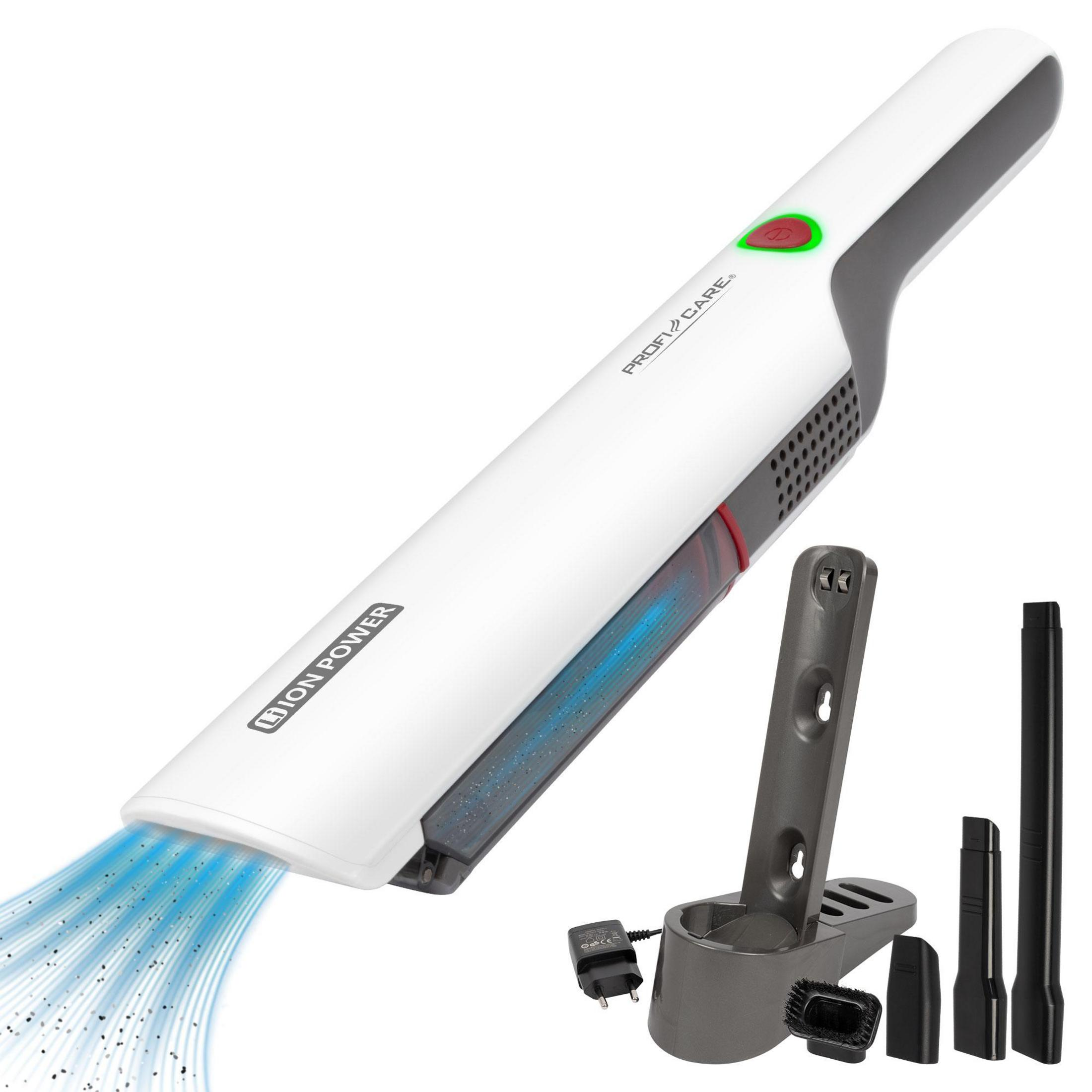 Biały i szary odkurzacz ręczny, niebieskie powietrze ssące i stacja ładująca z akcesoriami.