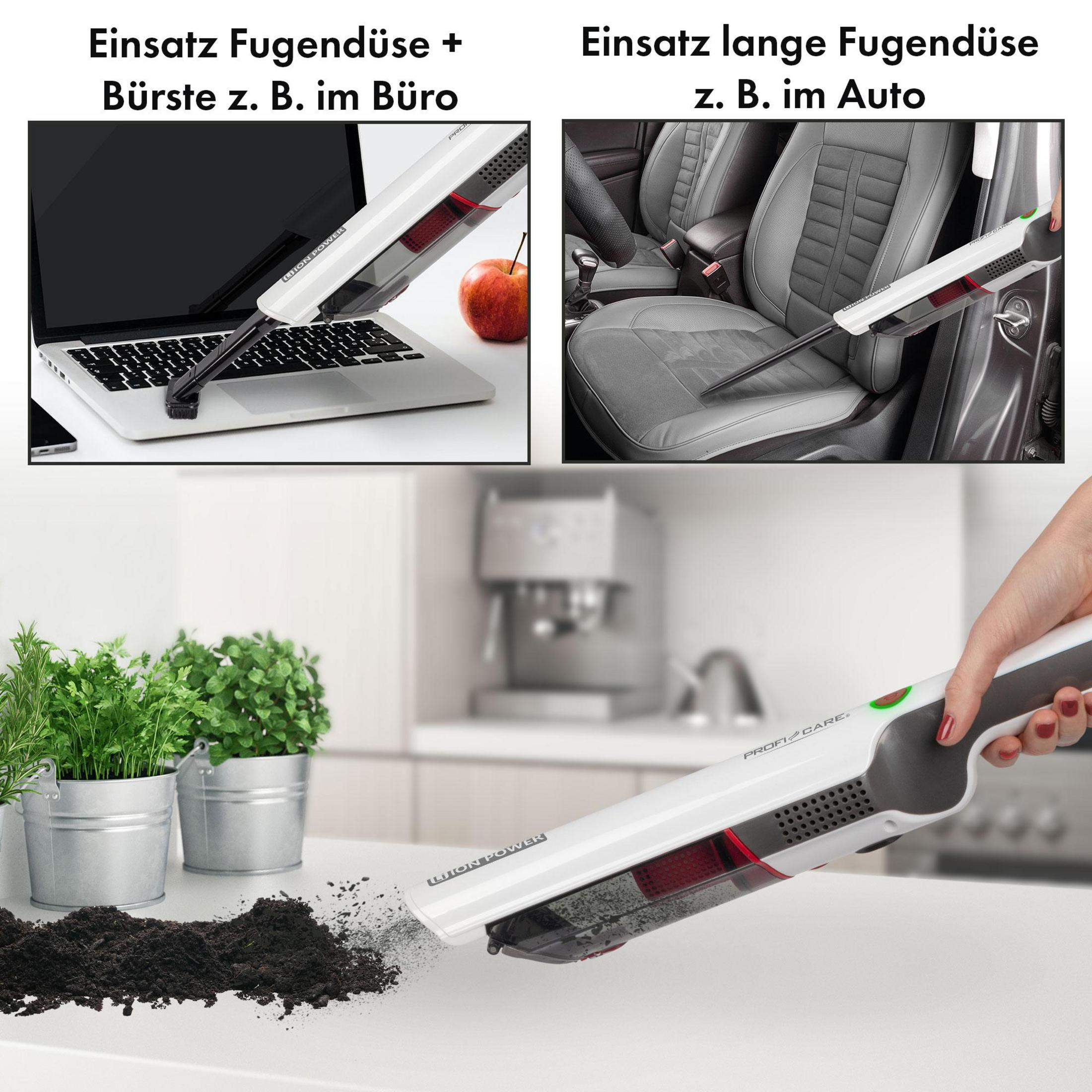 Dwa zdjęcia odkurzacza. Jeden czyści laptopa, drugi fotel samochodowy. Rośliny z przodu.