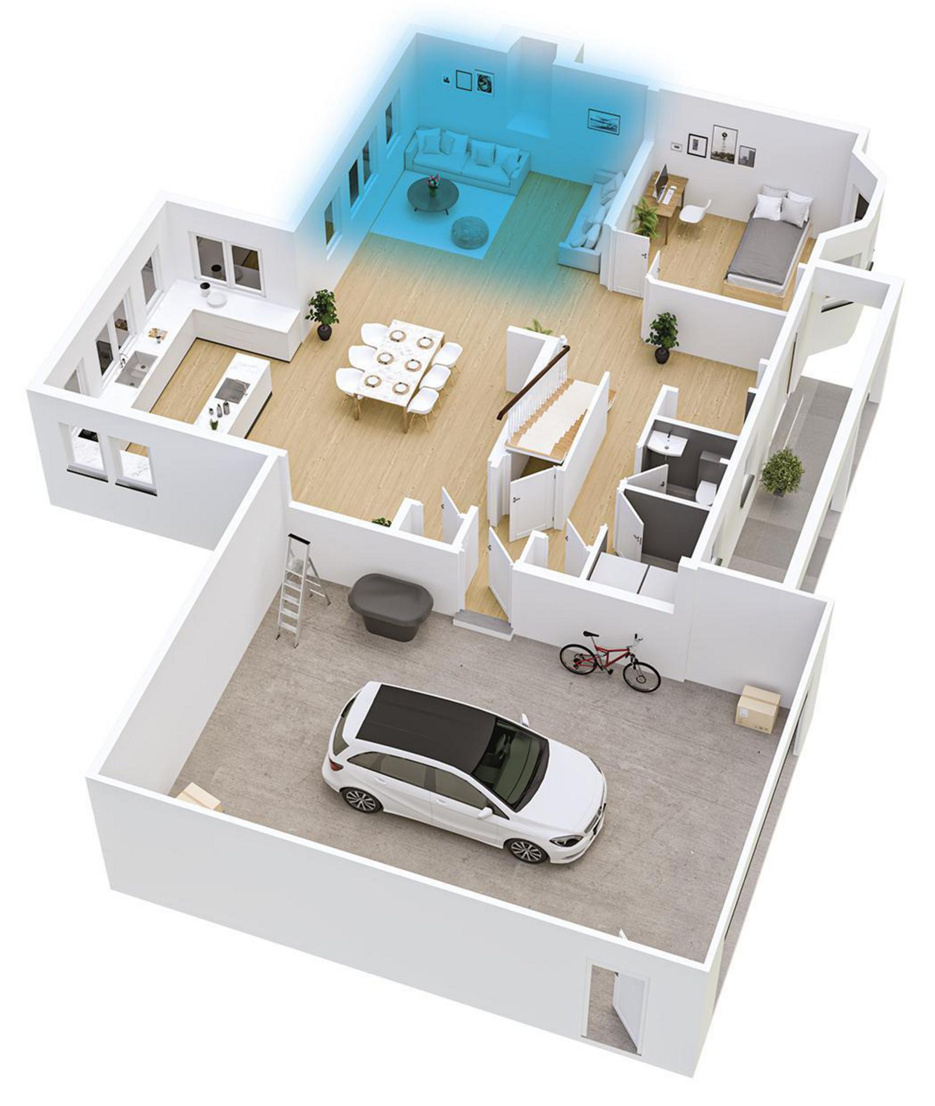 Ein 3D-Grundriss eines Hauses mit Garage, Auto, Wohnzimmer und Küche.