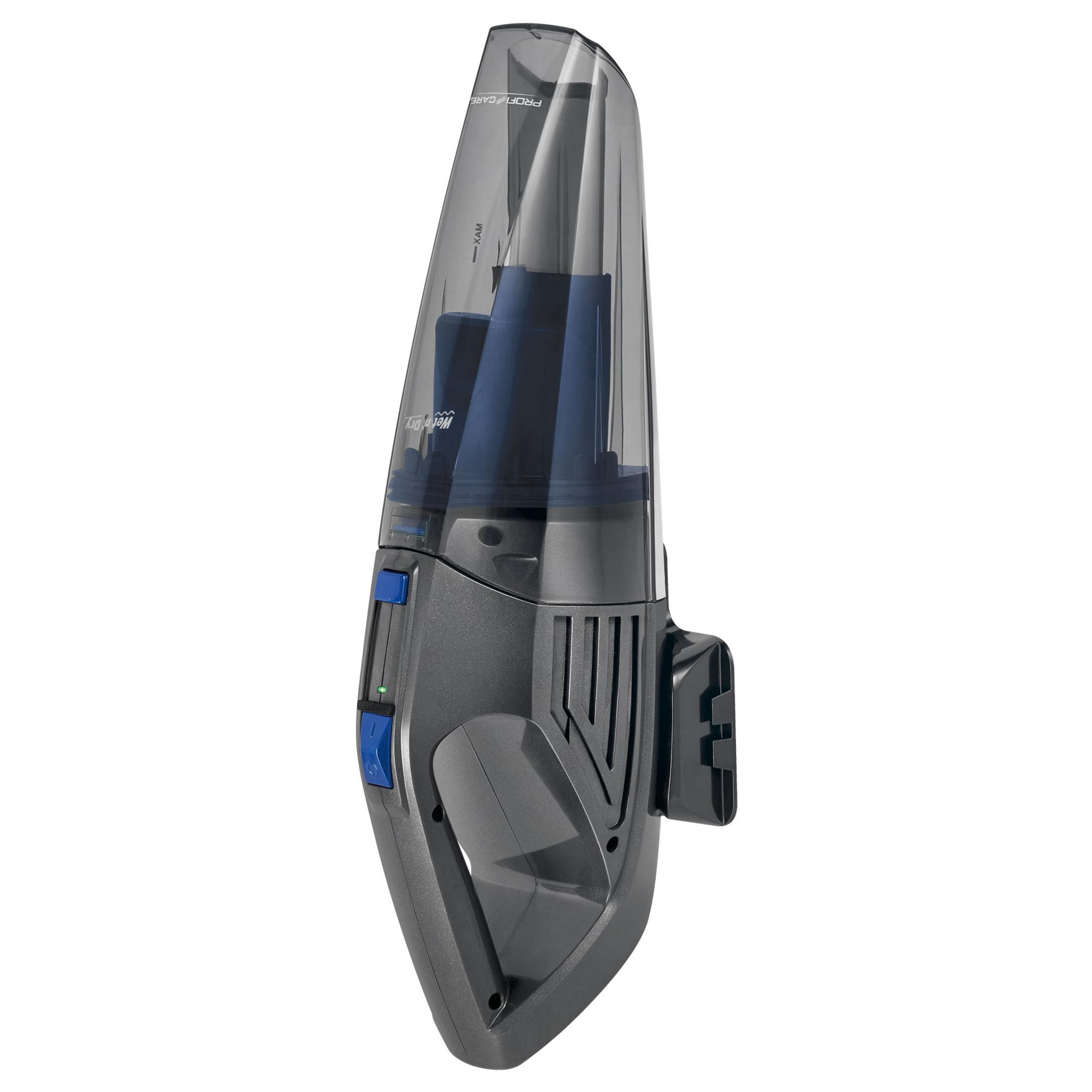 Odkurzacz ręczny, szary i czarny, z niebieskimi przyciskami i przezroczystym pojemnikiem.