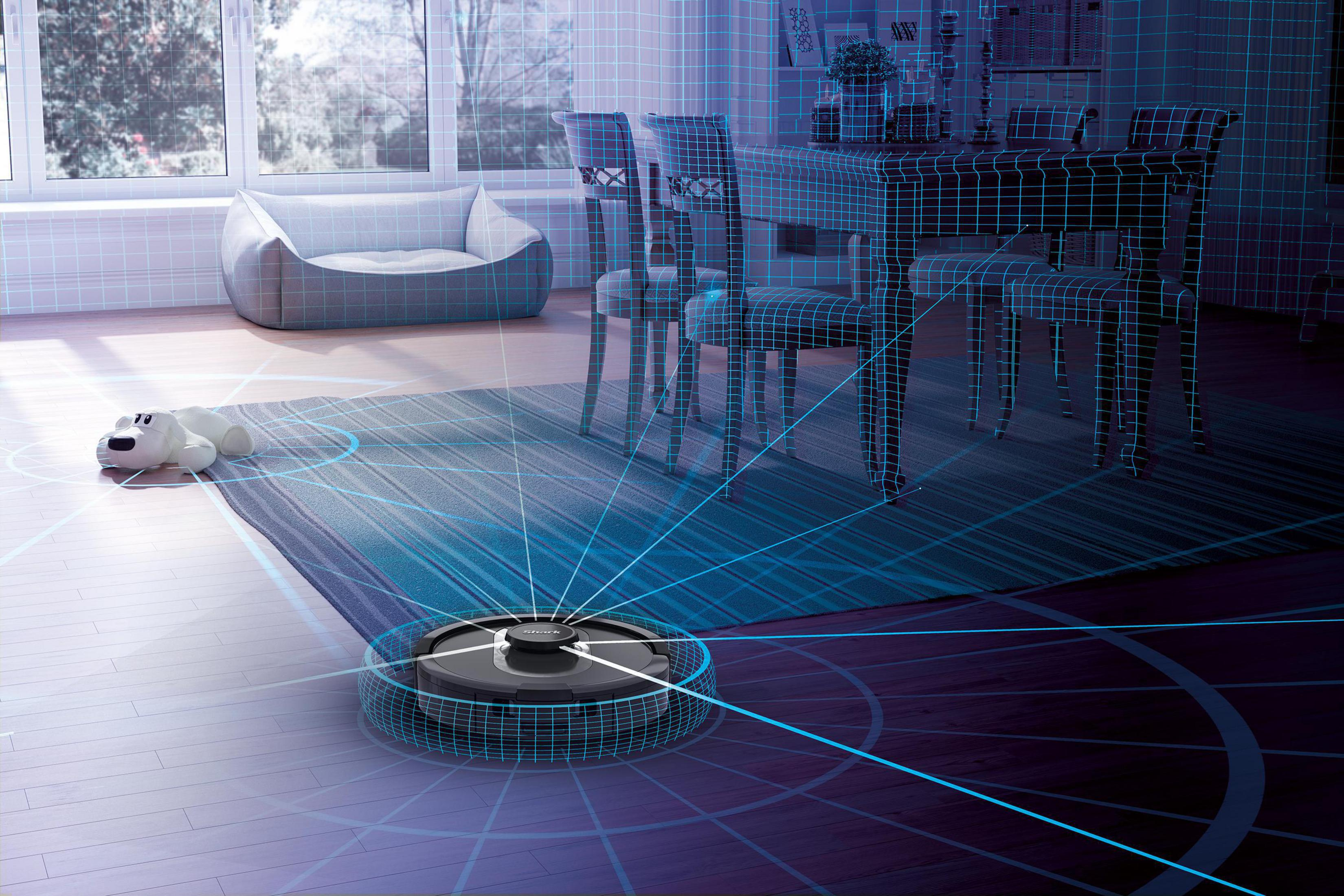 Robot odkurzający sprząta pokój ze stołem, krzesłami i dywanem. Niebieskie linie pokazują ścieżkę.