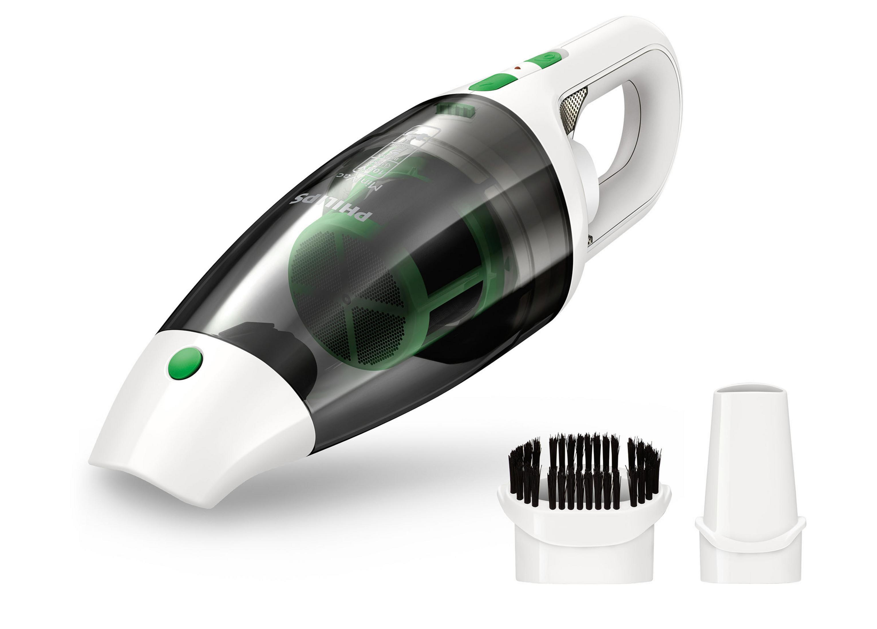 Aspirapolvere portatile bianco con accessori.