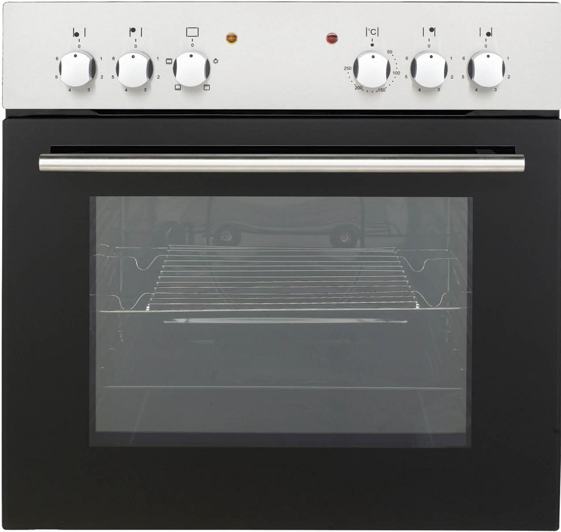 Witte en zilveren oven, vooraanzicht, met glazen deur en bedieningsknoppen.