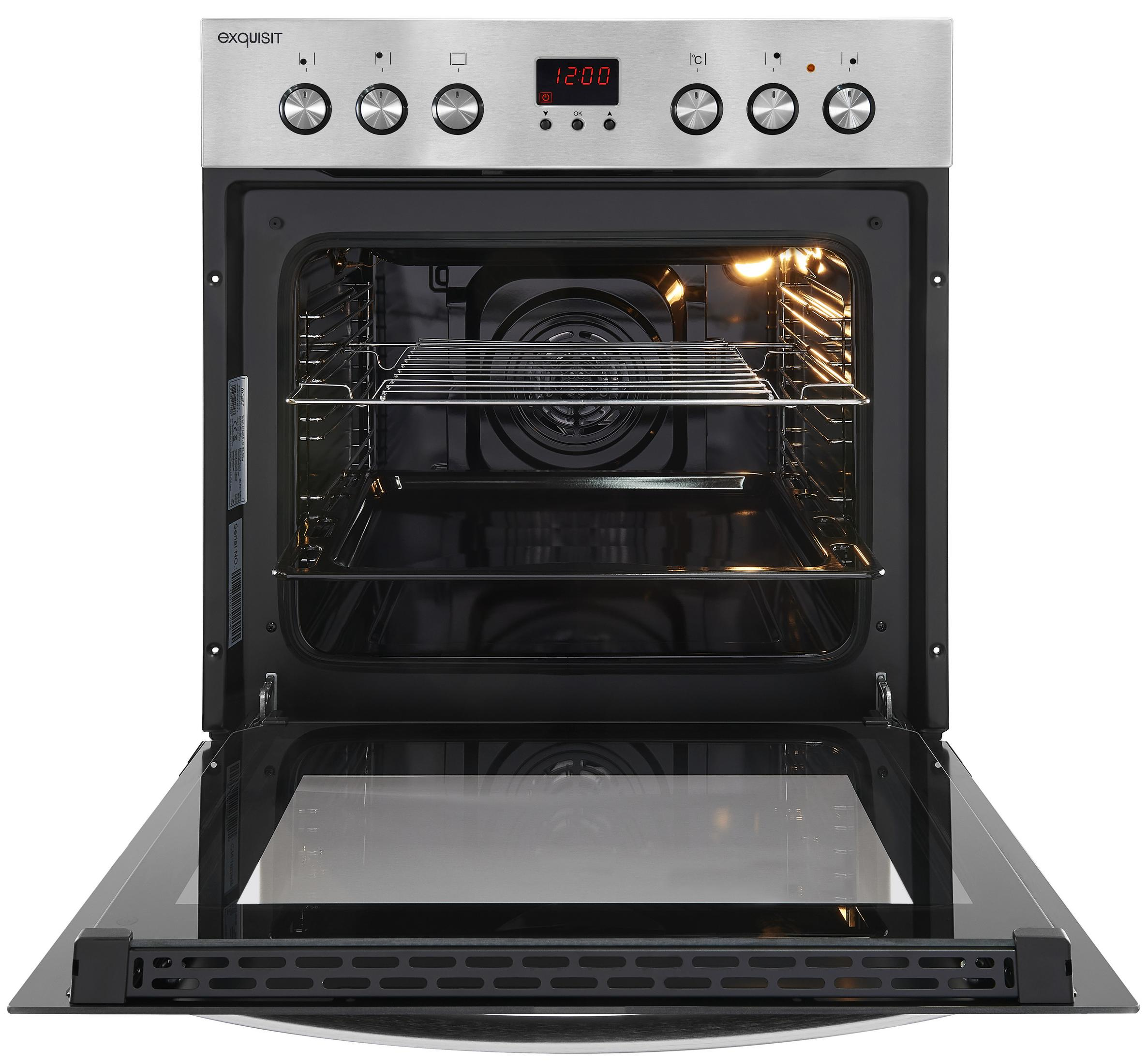 Offener Backofen mit Edelstahlfront. Innenansicht zeigt Roste und Heizelement.