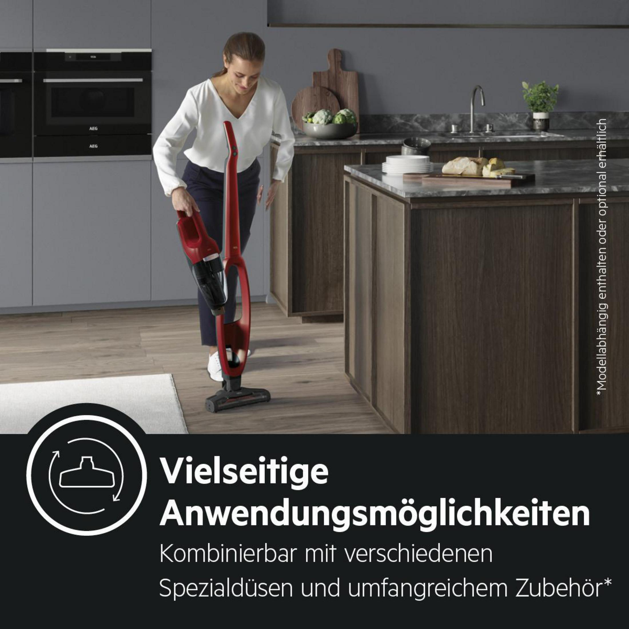 Frau benutzt einen roten Staubsauger, Text über Vielseitigkeit und Zubehör.