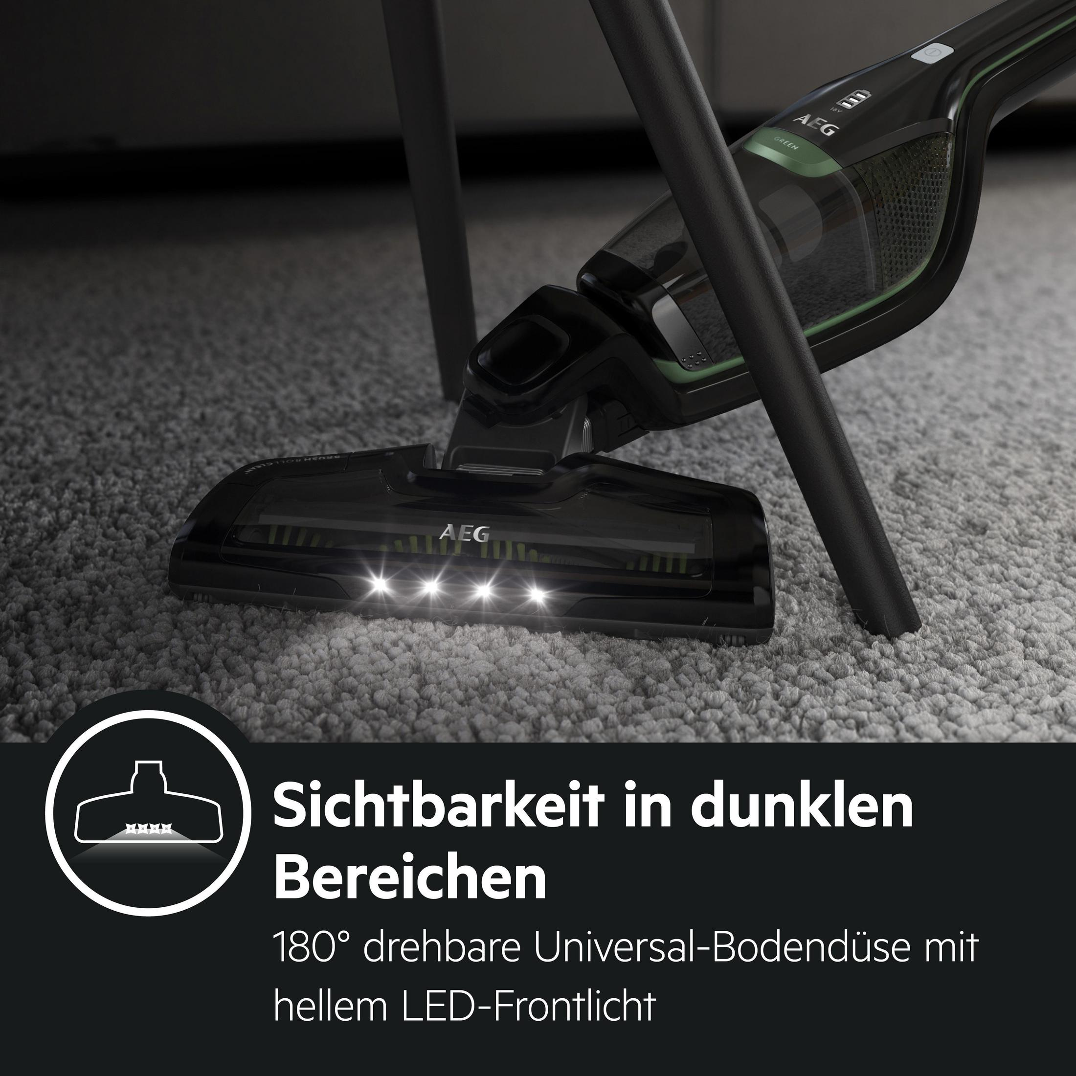 Staubsaugerkopf mit Lichtern auf Teppich, mit Text zur Sichtbarkeit.
