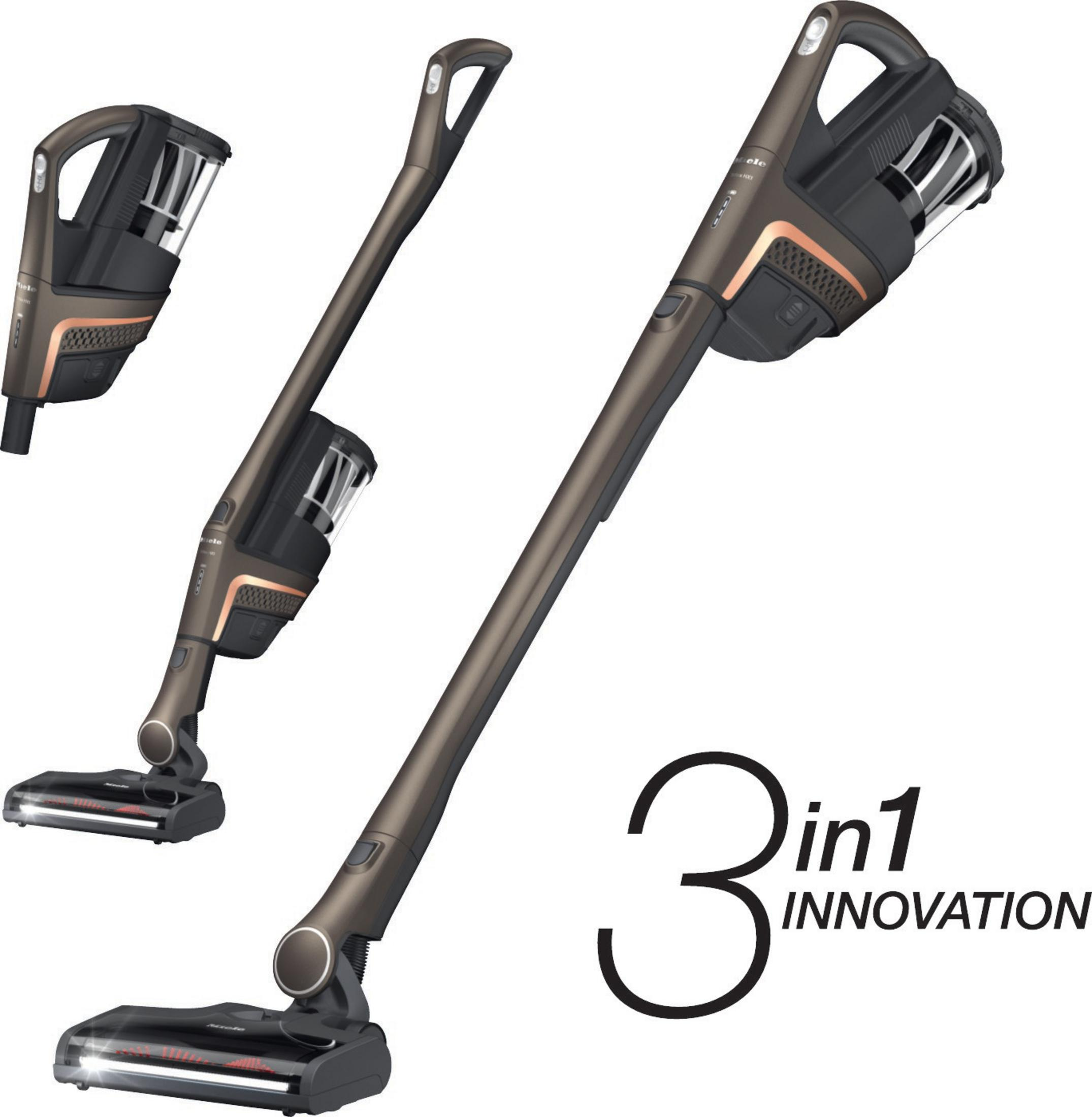 Drei kabellose Staubsauger. Einer montiert, zwei demontiert. Text lautet '3 in 1 Innovation'.