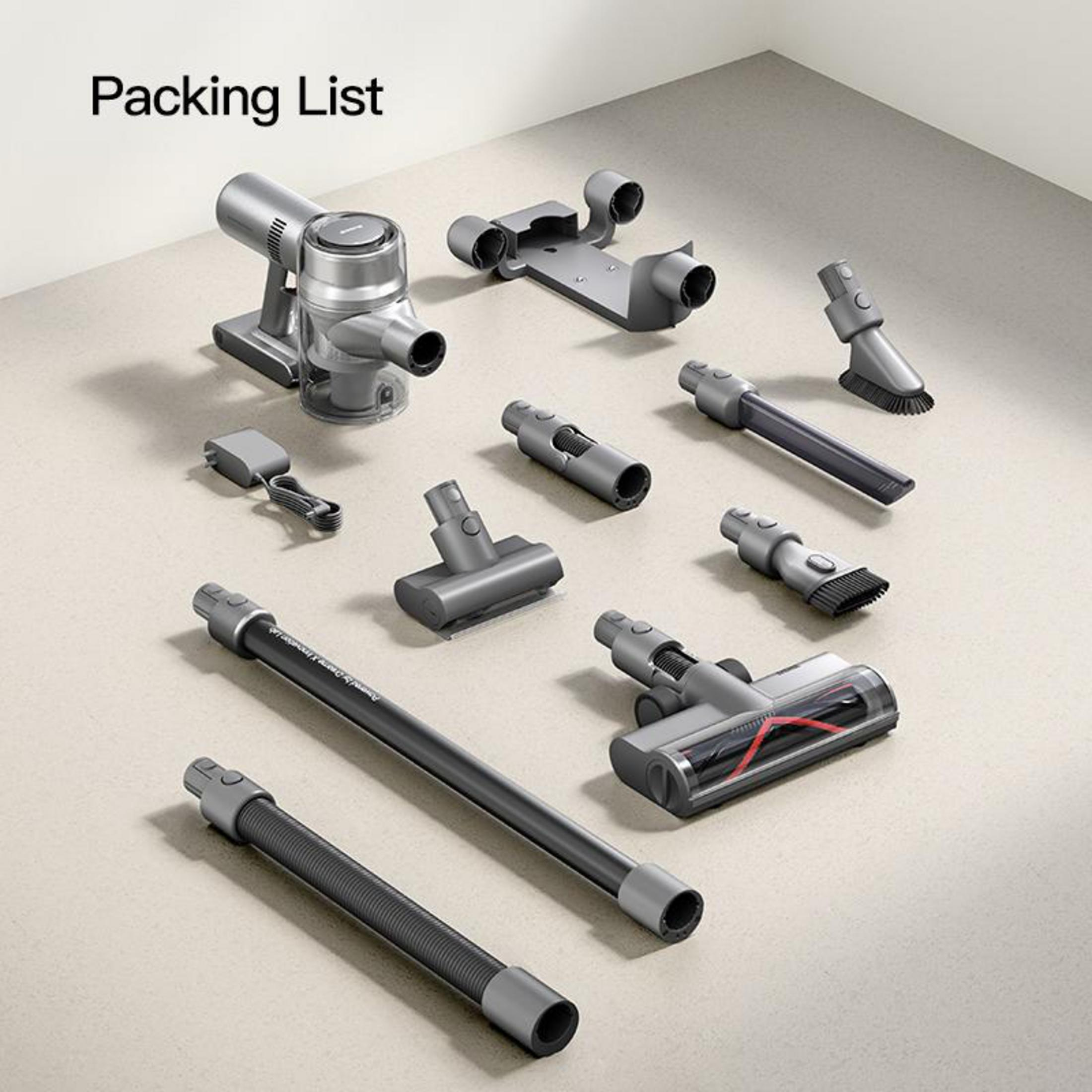 Eine Packliste mit Staubsaugerteilen wird auf hellem Hintergrund angezeigt.