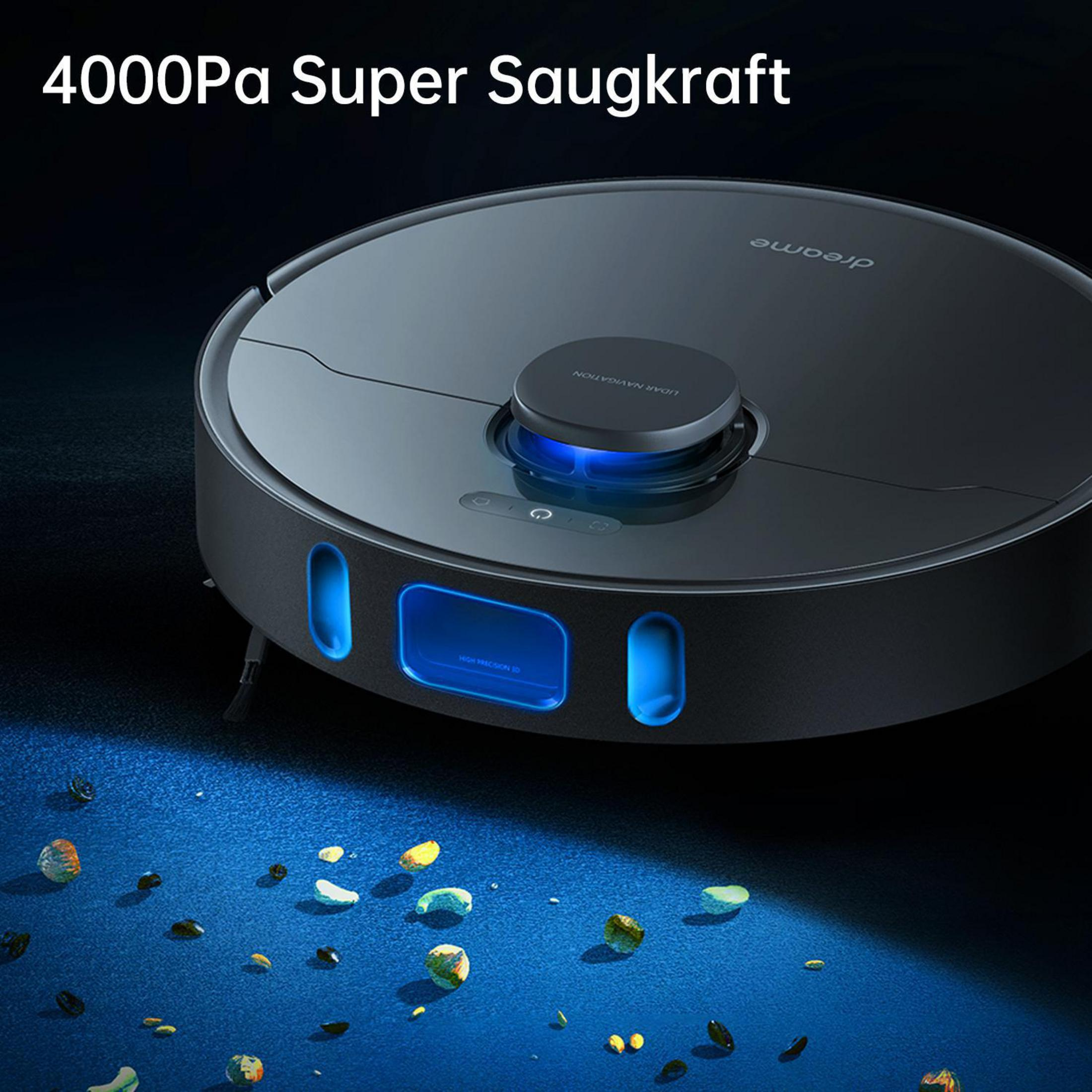 Ein schwarzer Roboter-Staubsauger mit Text '4000Pa Super Saukraft' auf Blau.
