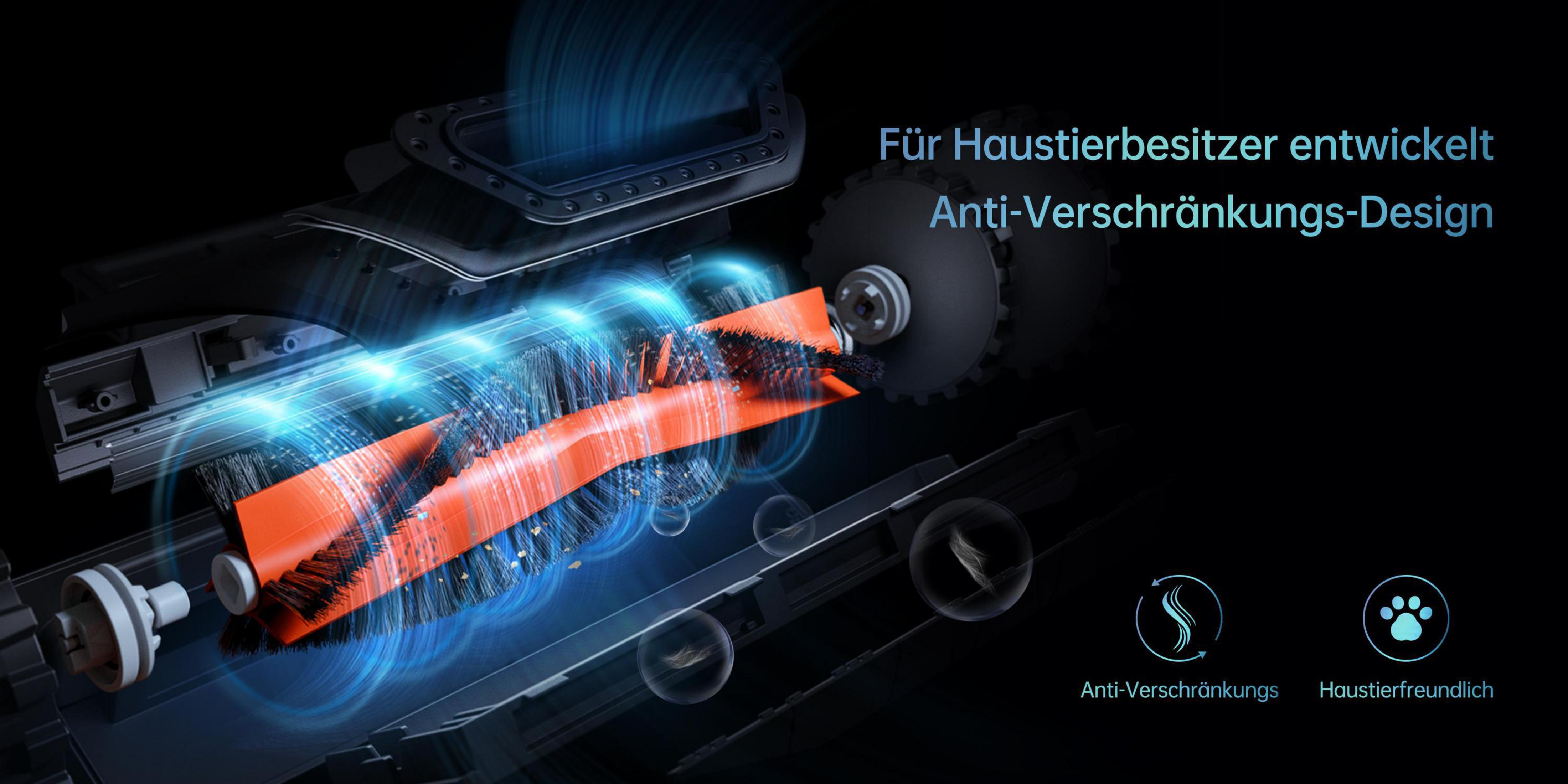 Nahaufnahme des Bürstenkopfes eines Staubsaugers mit deutschem Text über Tierhaare.