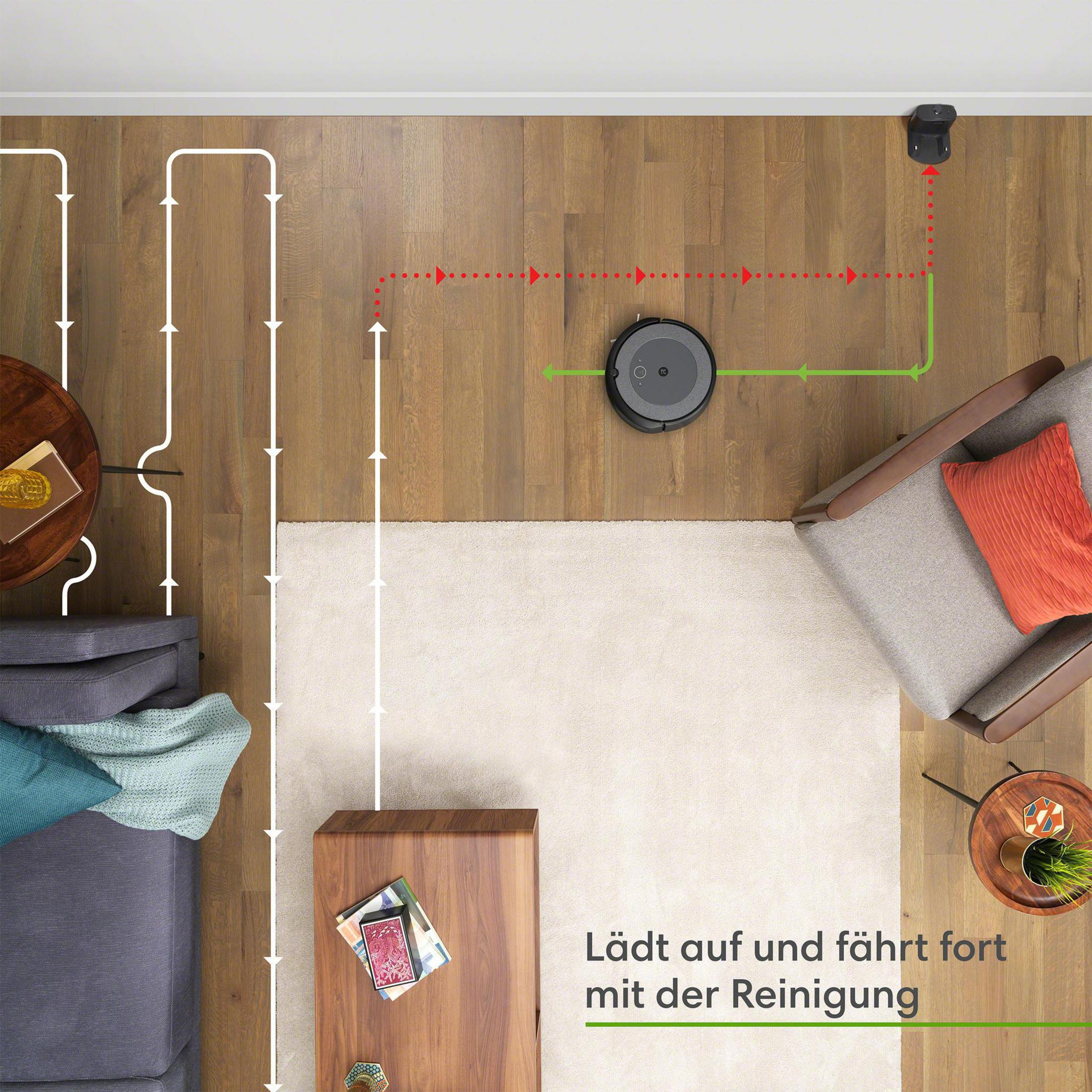 Roboter saugt Raum. Reinigungsroute sichtbar. Text: Lädt auf und fährt fort.