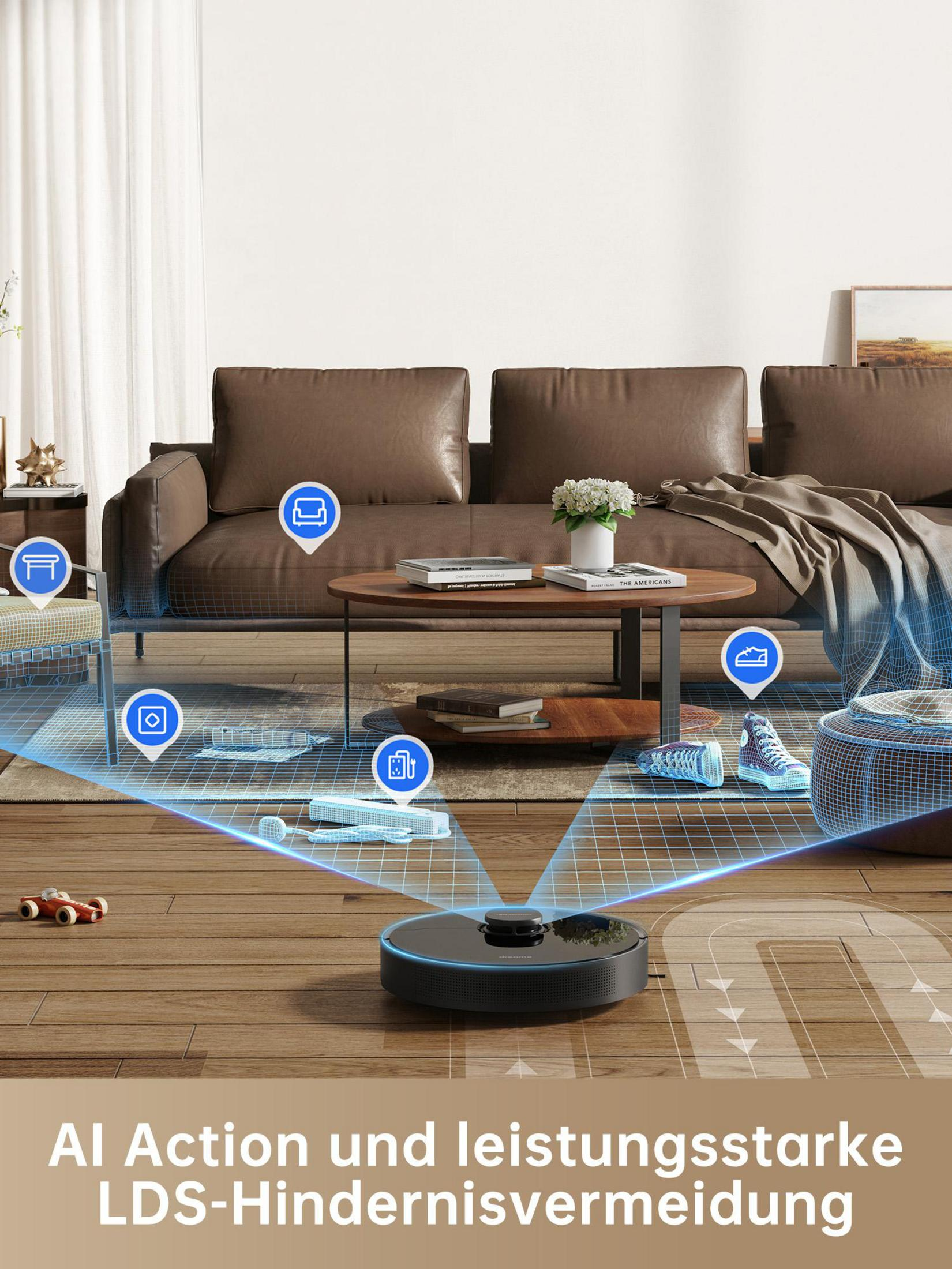 Robot sprzątający czyści drewnianą podłogę z meblami w tle.