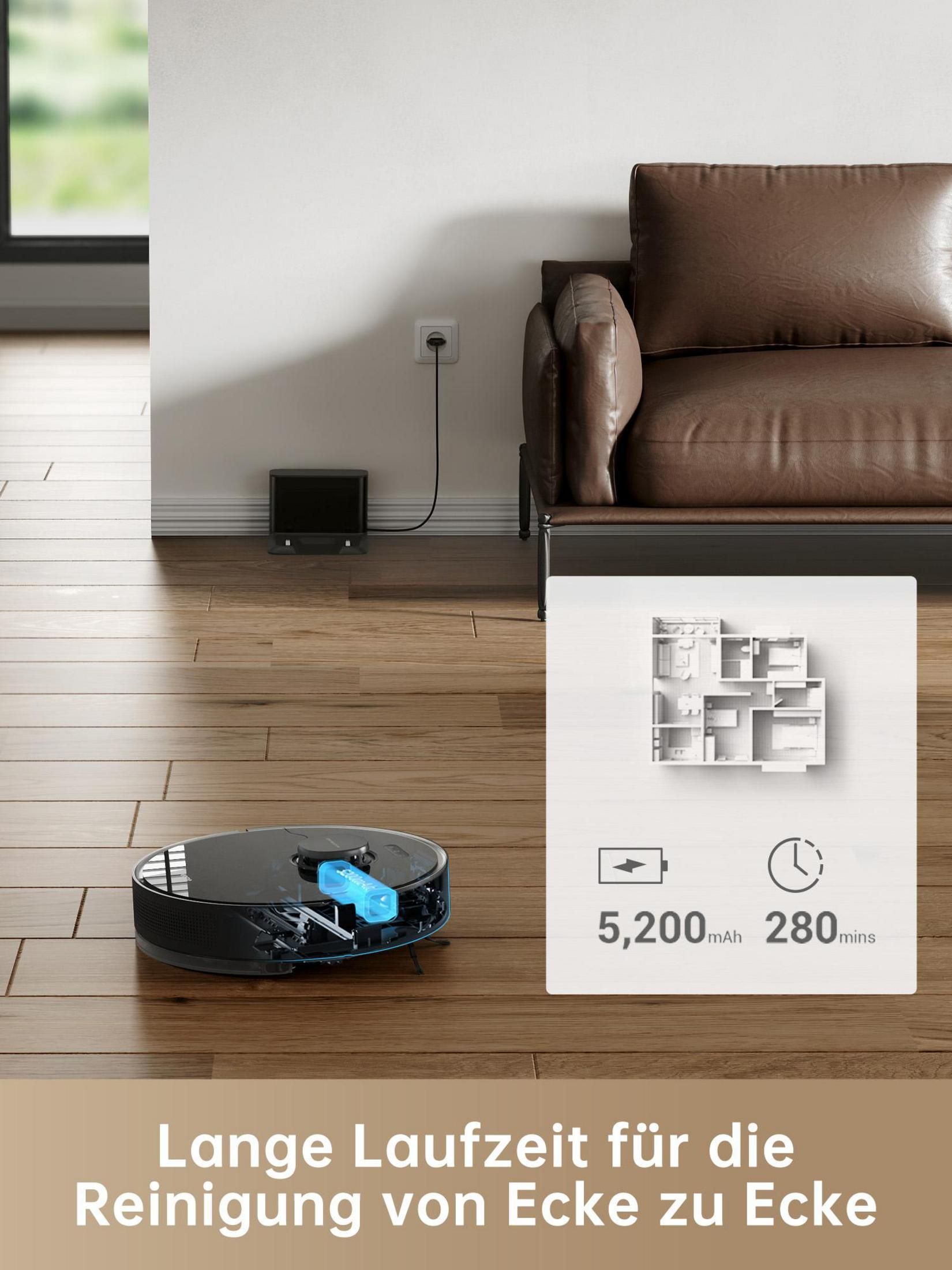 Robot sprzątający na drewnianej podłodze, z diagramem. Brązowa sofa i biała ściana.