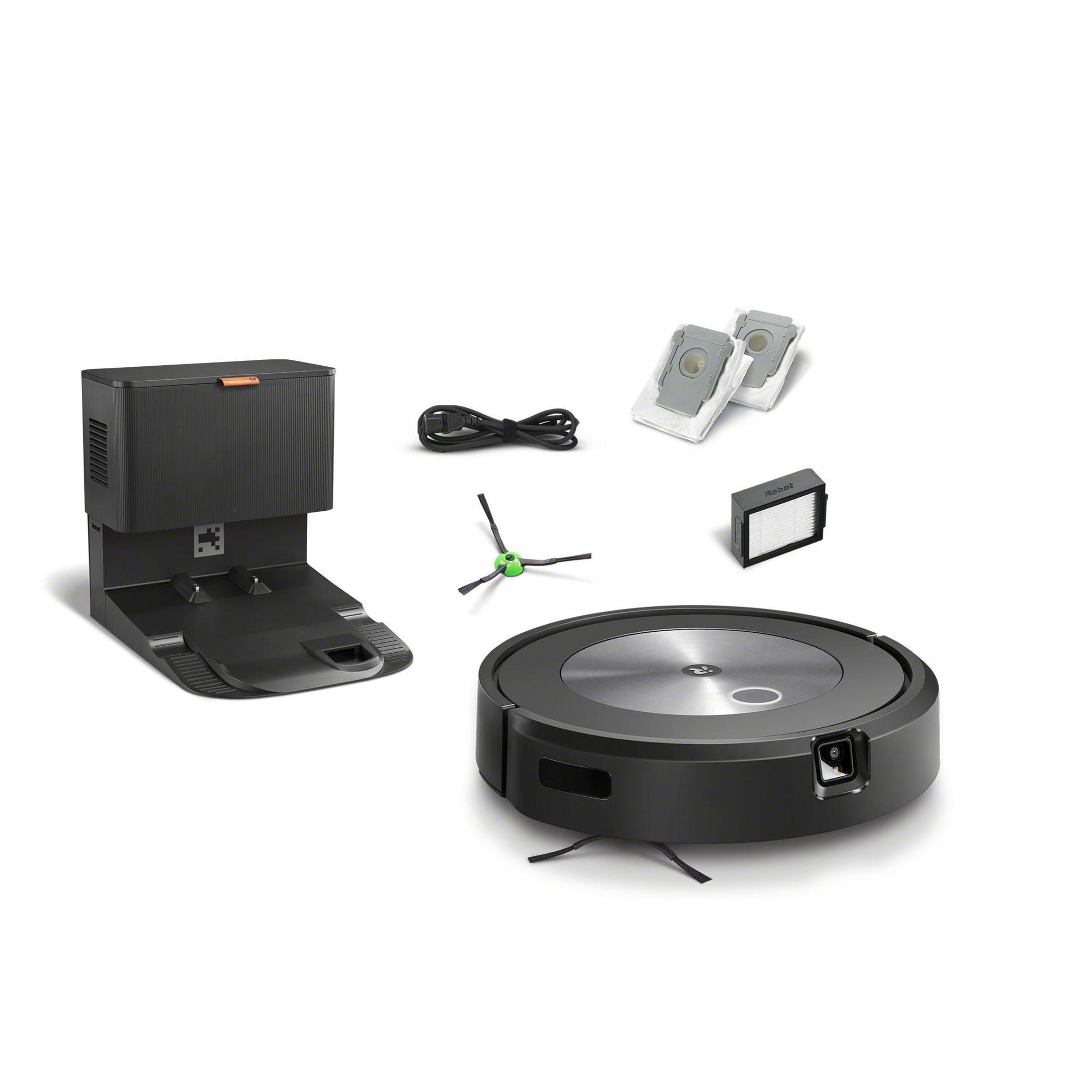 Schwarzer Roboter-Staubsauger mit Ladestation, Filtern und zusätzlichen Teilen auf weißem Hintergrund.