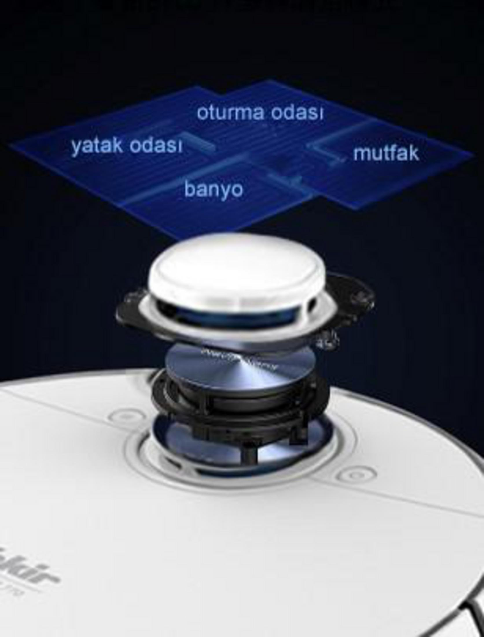 Roboter-Staubsauger, der seine internen Komponenten mit Beschriftungen der zu reinigenden Räume zeigt.